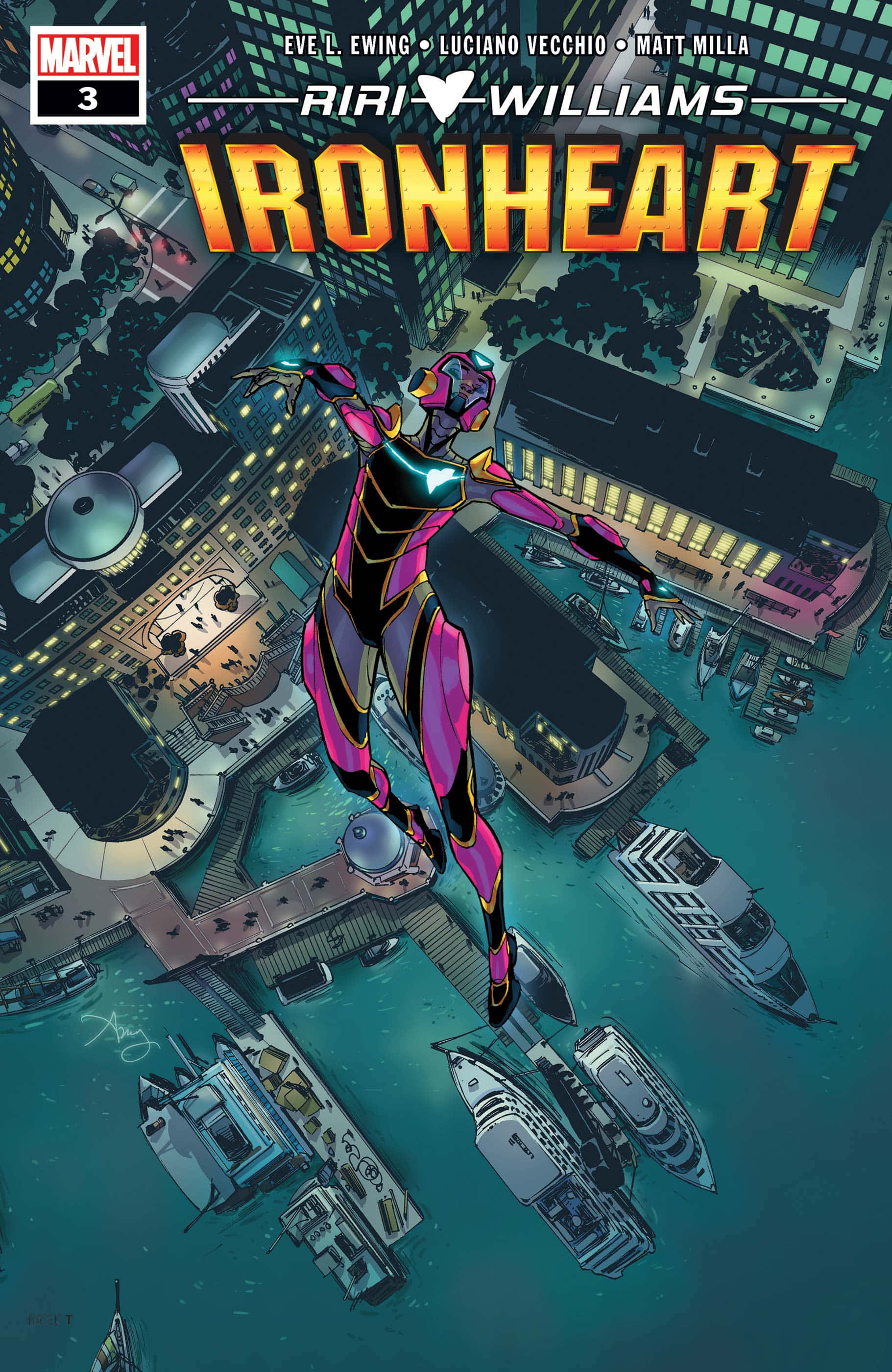Ironheart, glowing pink and black suit, futuristic city harbor, 2K Phone Wallpaper