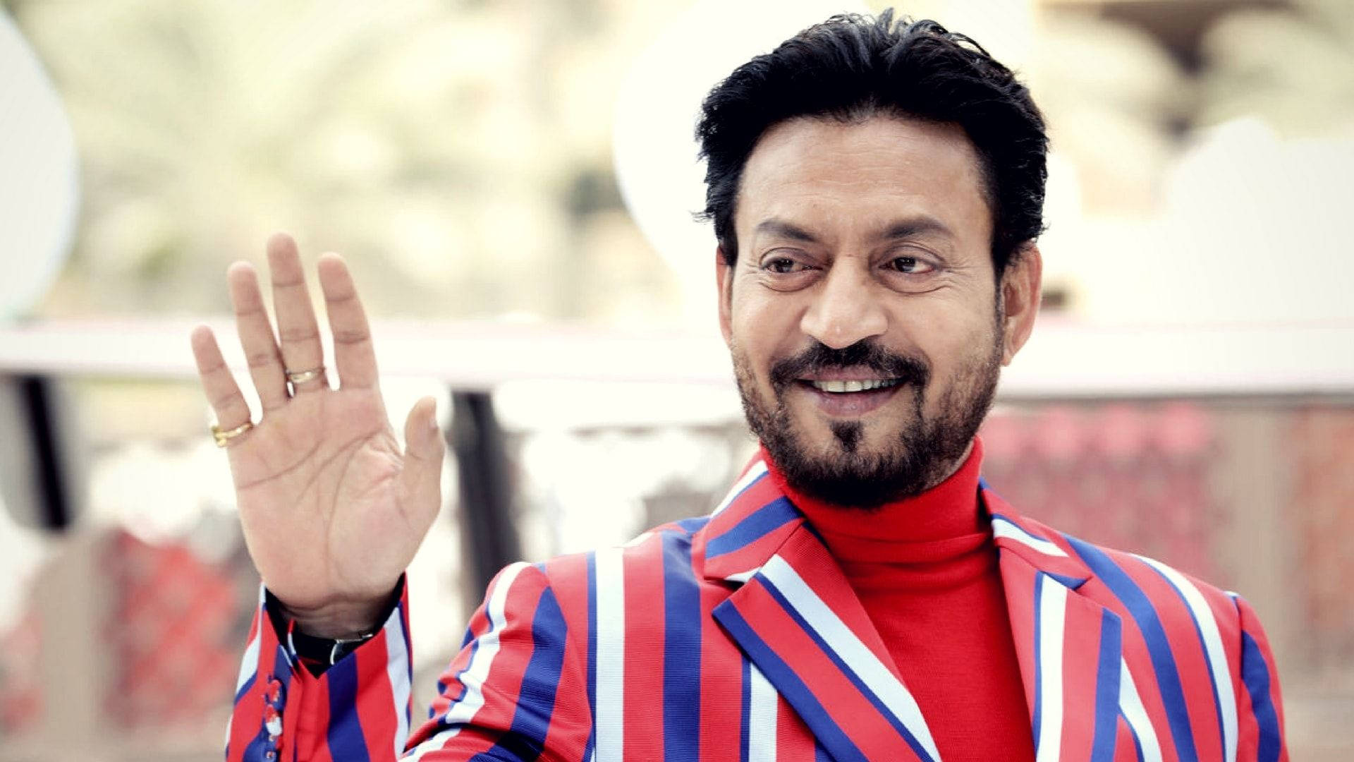 Irrfan Khan, red blue and white striped blazer, waving, Full HD Desktop Wallpaper