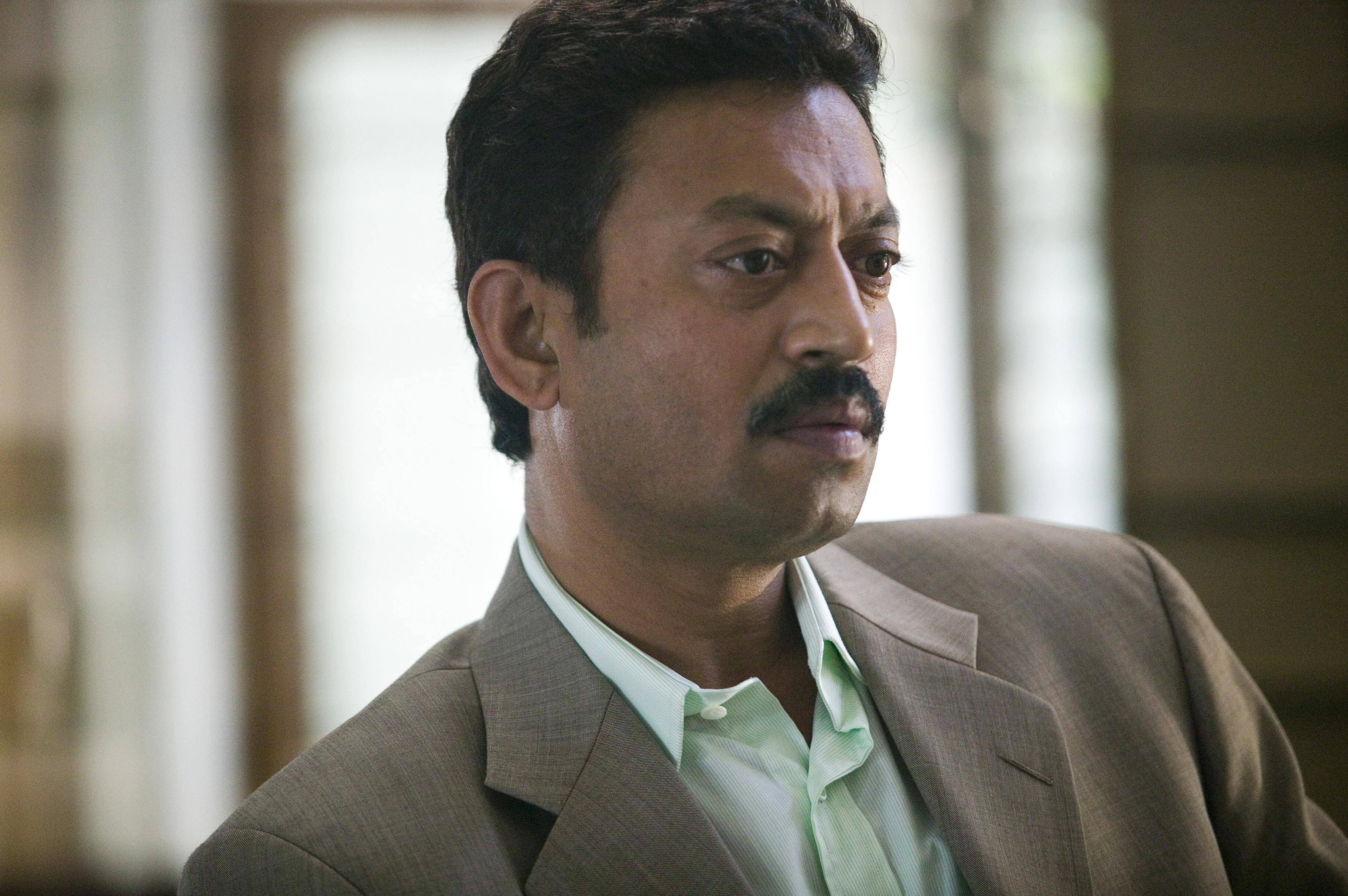 Irrfan Khan, mustache, brown suit, 2K Desktop Wallpaper