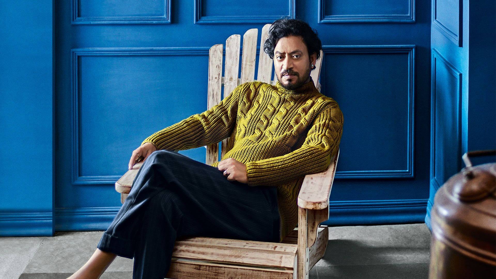 Irrfan Khan, mustard cable-knit sweater, weathered wooden chair, Full HD Desktop Wallpaper