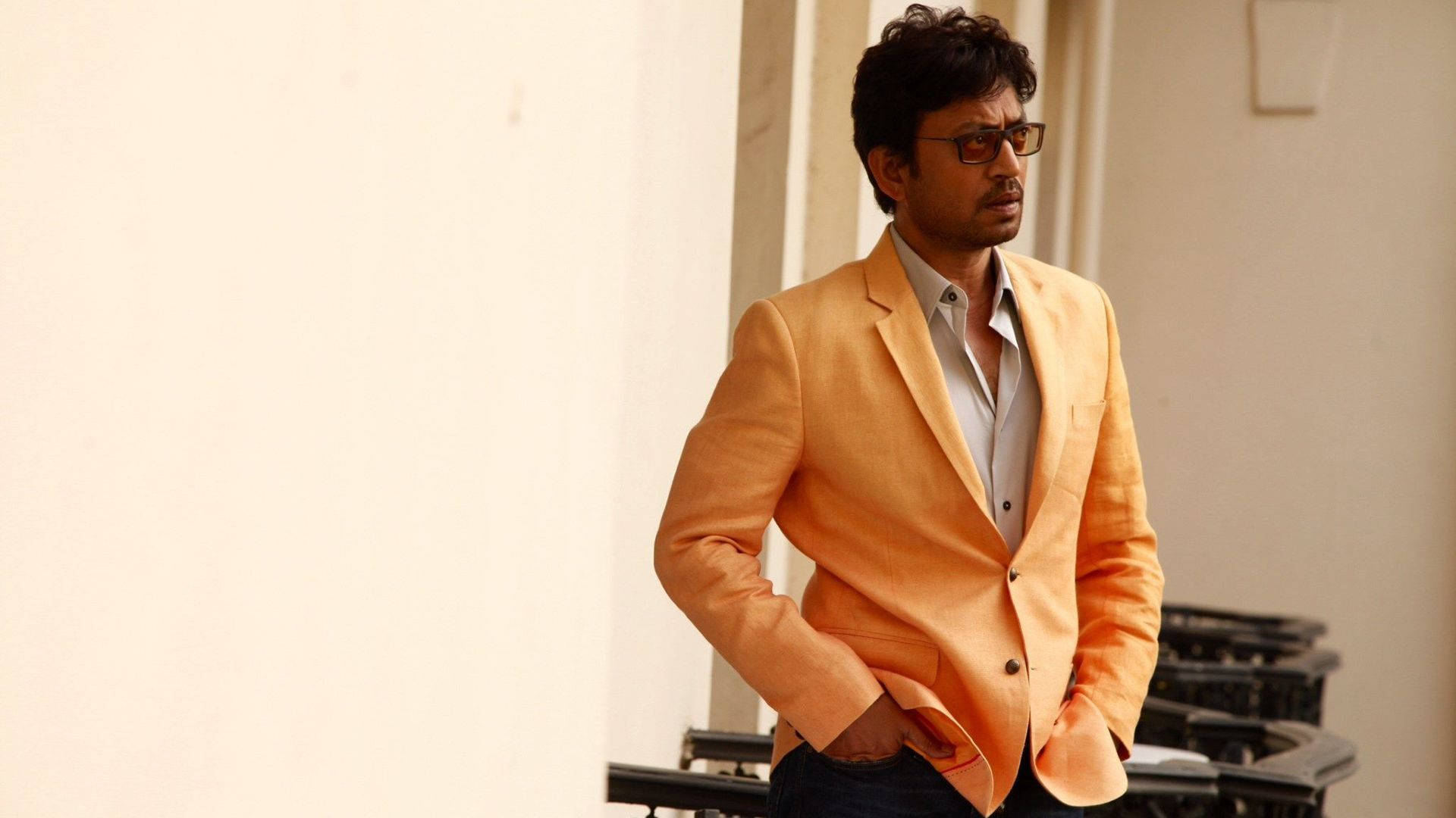 Irrfan Khan, orange blazer, glasses, Full HD Desktop Wallpaper