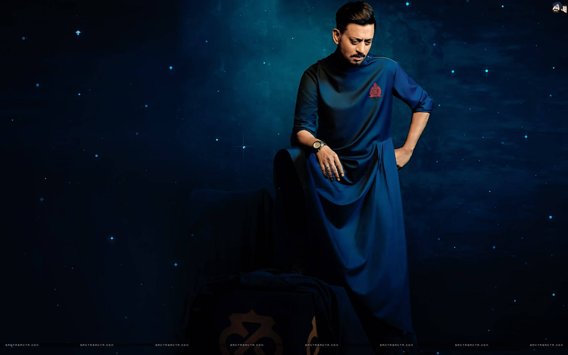 Irrfan Khan, blue kurta, starry cosmic backdrop, Full HD Desktop Wallpaper