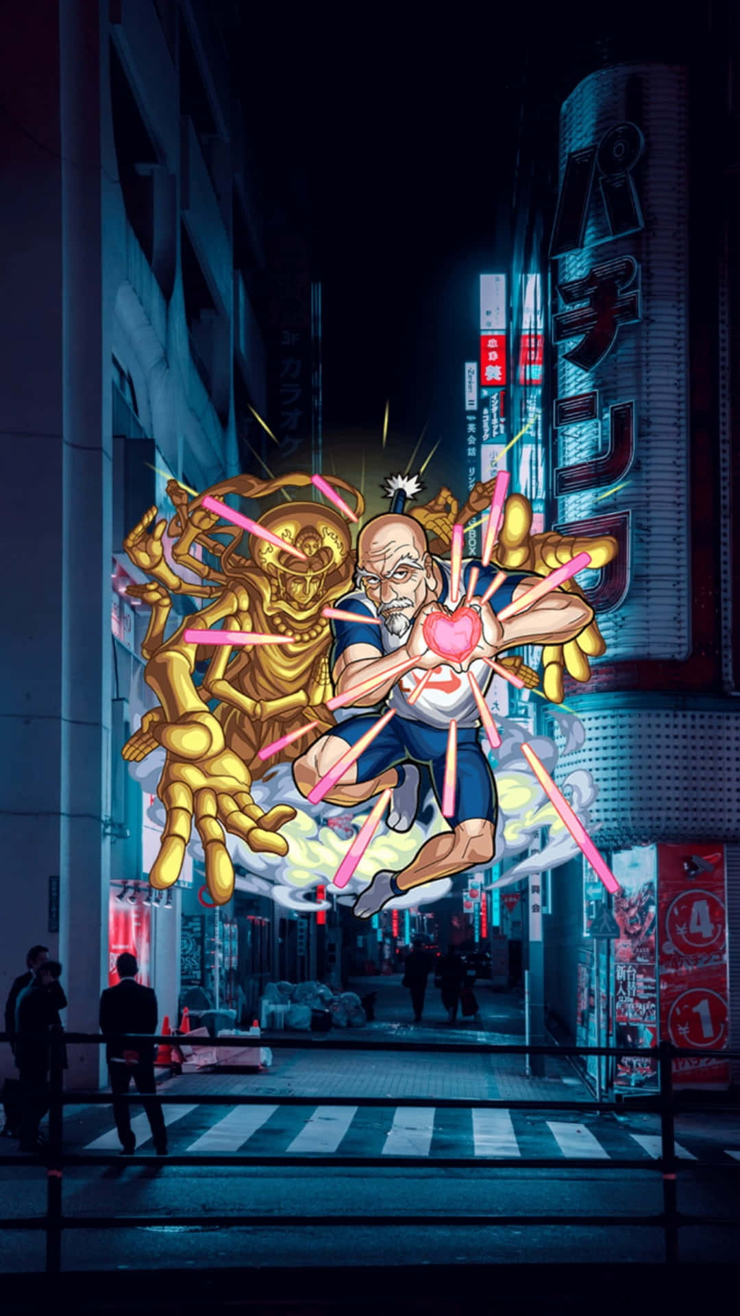 Isaac Netero, blue suit, neon-lit Tokyo alleyway, Full HD Phone Wallpaper