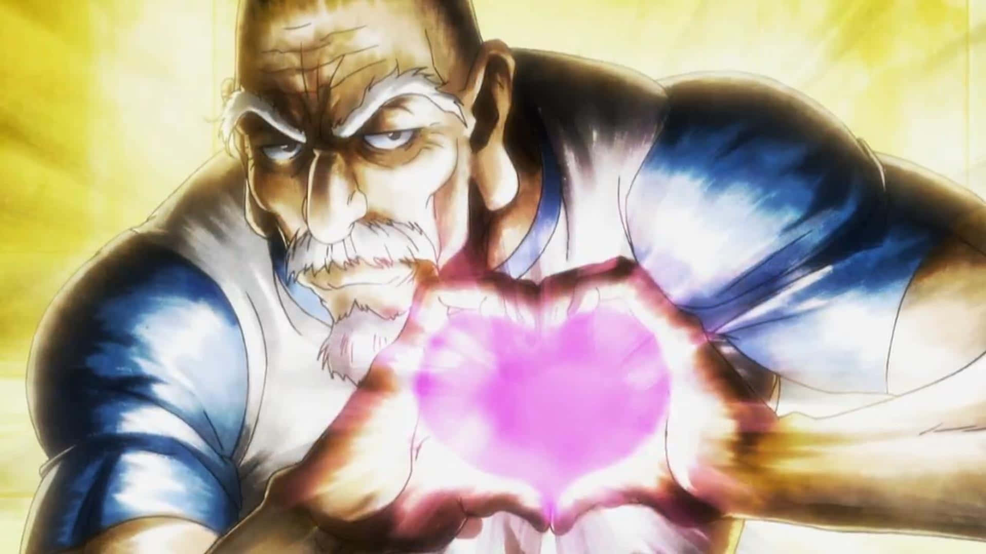 Isaac Netero, glowing pink heart-shaped energy orb, radiant yellow background, Full HD Desktop Wallpaper