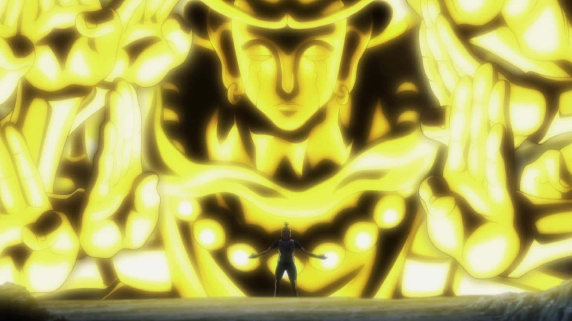 Isaac Netero, glowing golden deity, meditation stance, Full HD Desktop Wallpaper