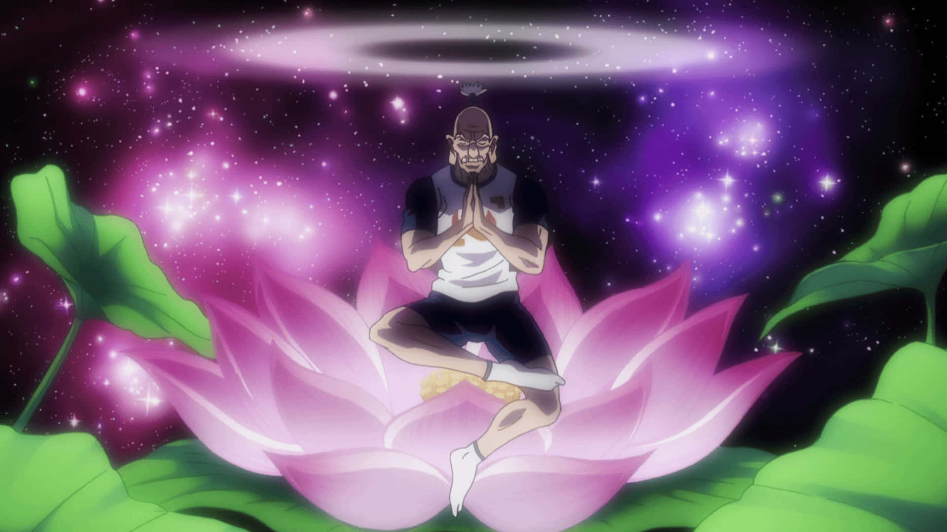 Isaac Netero, glowing pink lotus flower, sparkling purple cosmic sky, Full HD Desktop Wallpaper