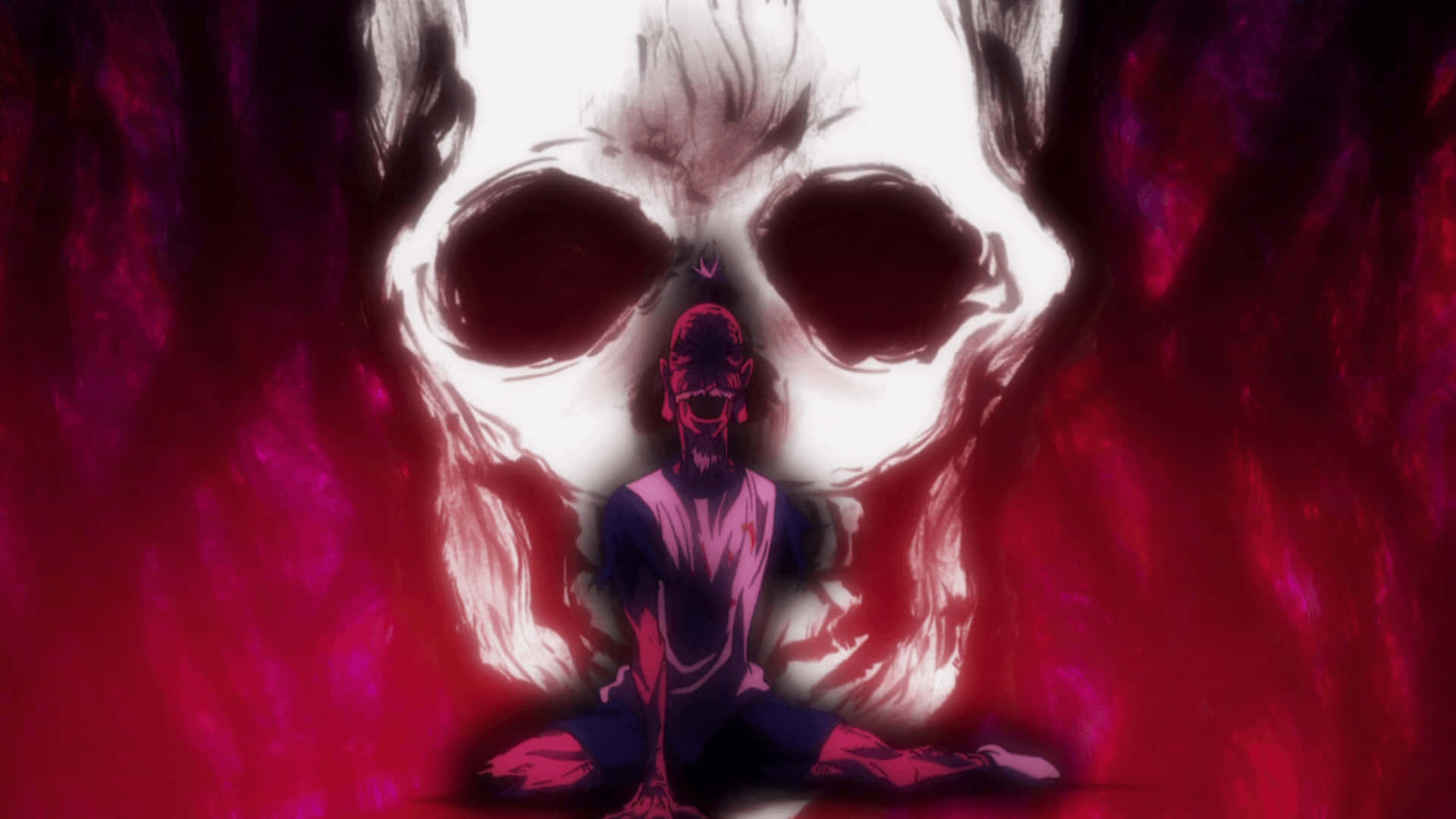Isaac Netero, glowing white skull, swirling crimson background, Full HD Desktop Wallpaper