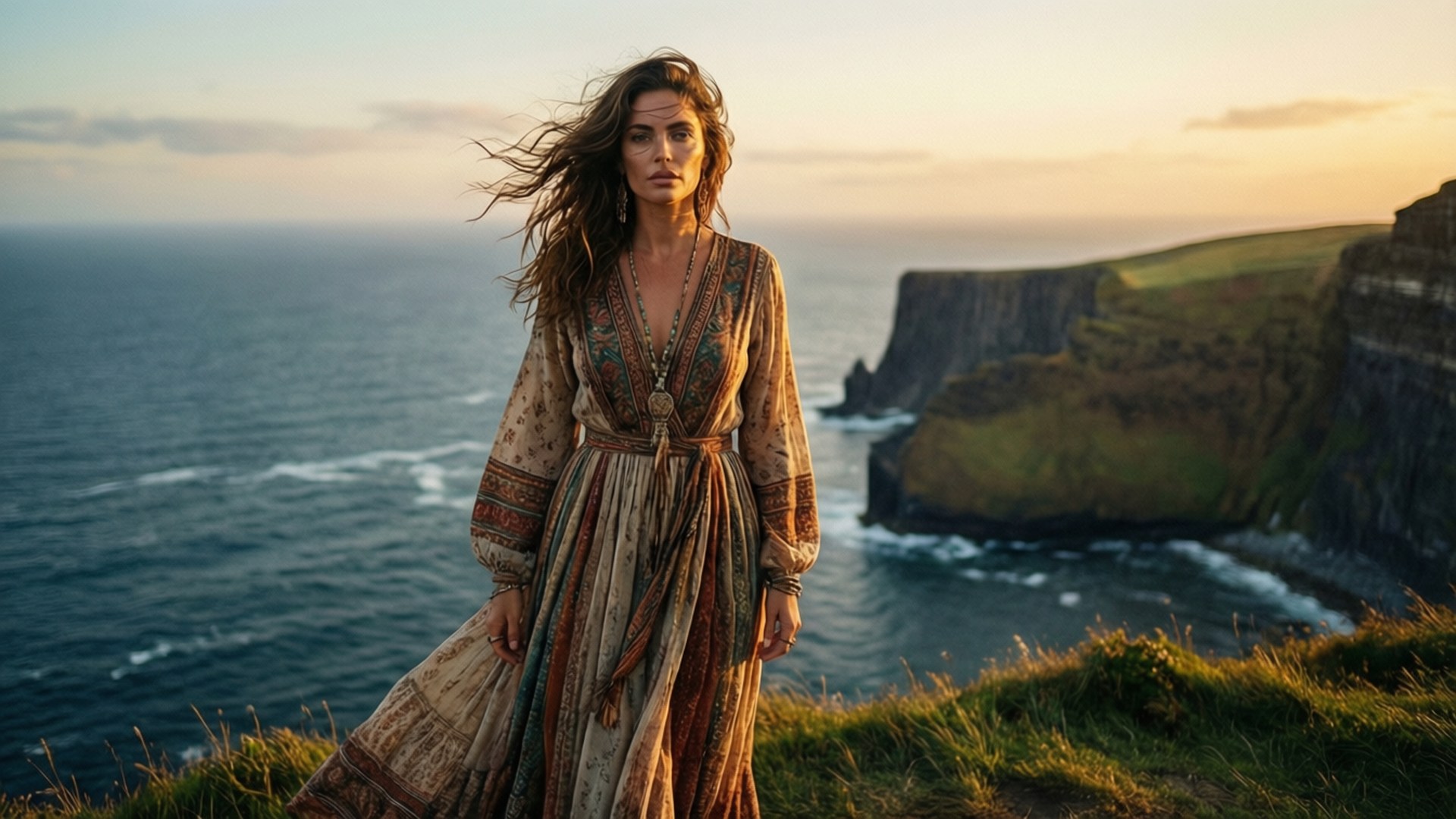 Isabel Durant, ocean sunset, cliff, Full HD Desktop Wallpaper