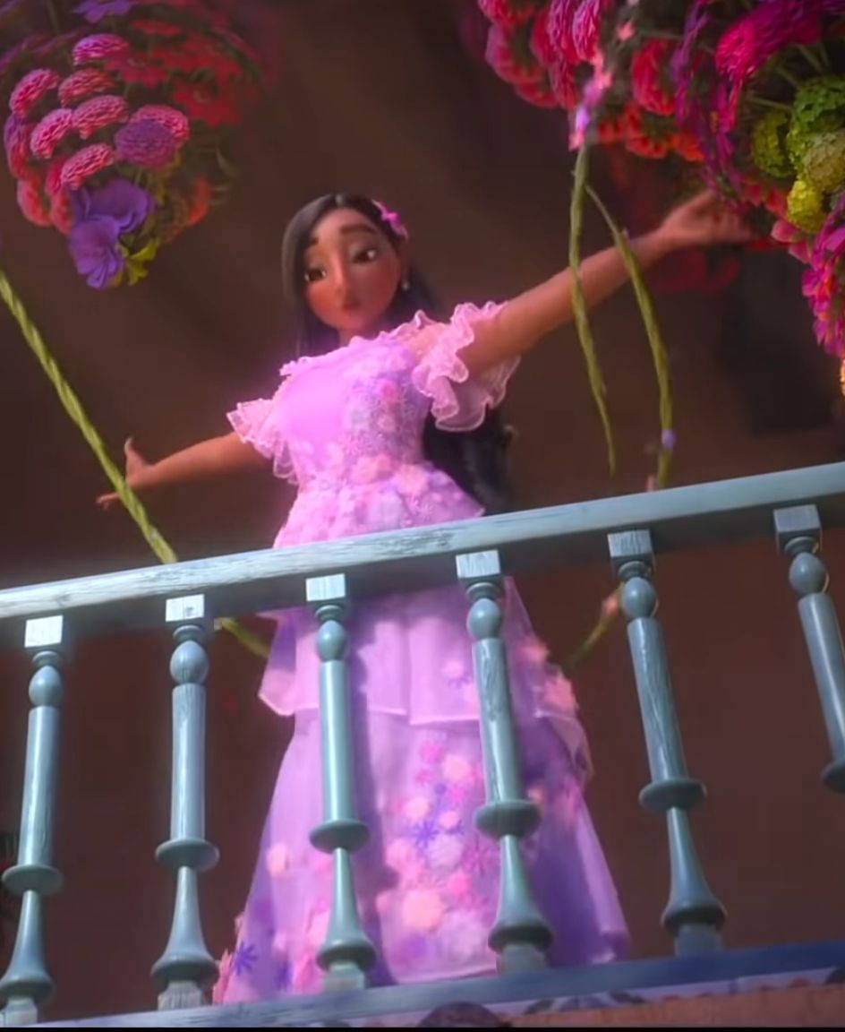 Isabela Madrigal, pink floral dress, balcony, SD Phone Wallpaper
