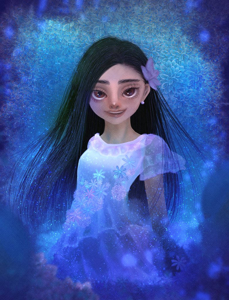 Isabela Madrigal, long dark hair, glowing blue dress, SD Phone Wallpaper