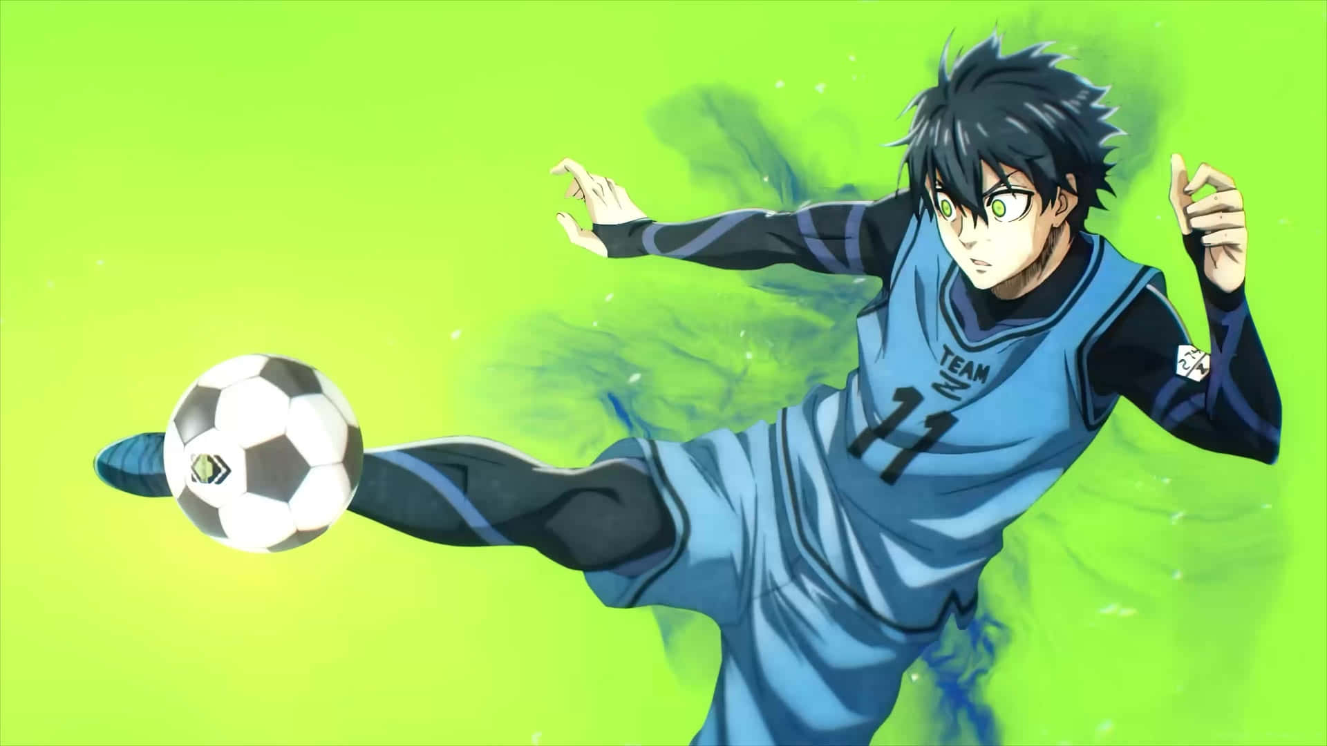 Isagi Yoichi, blue jersey, glowing green background, Full HD Desktop Wallpaper