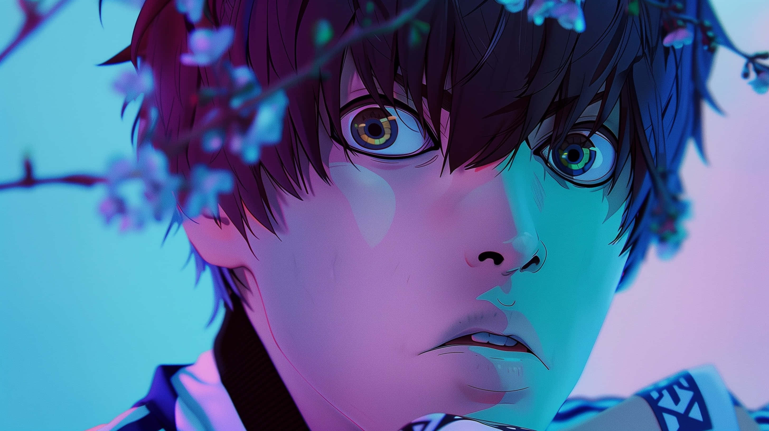 Isagi Yoichi, heterochromatic eyes, cherry blossoms, 2K Desktop Wallpaper