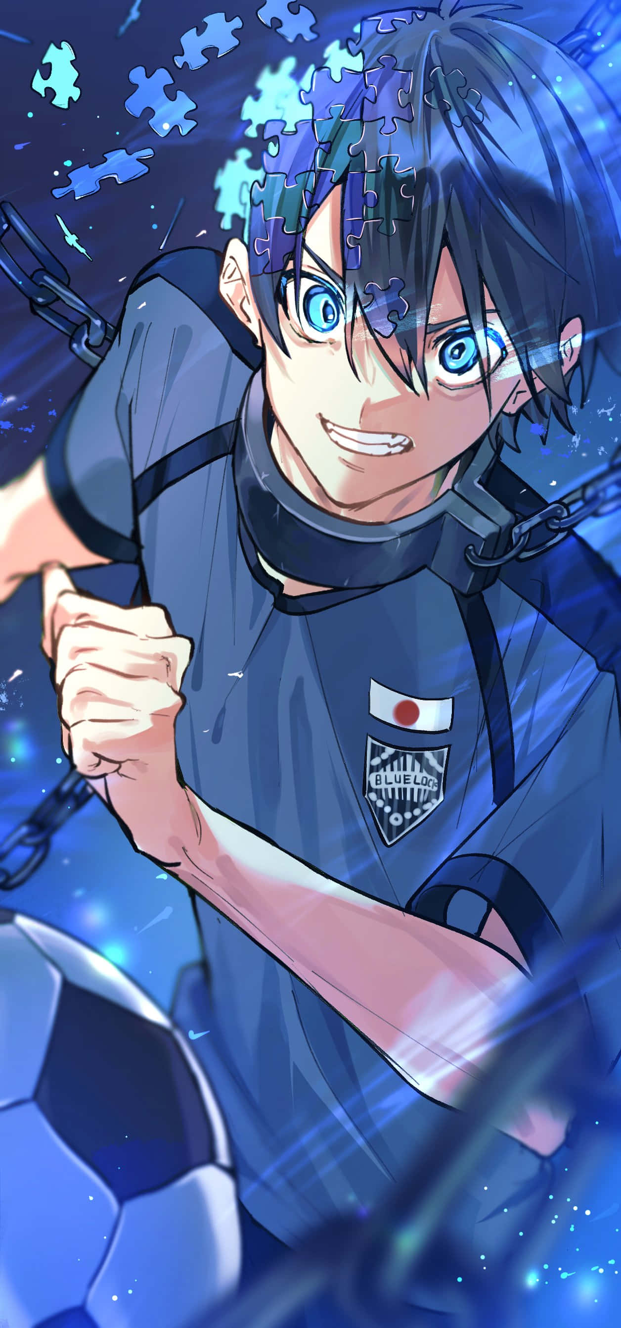 Isagi Yoichi, blue jersey, puzzle pieces, 2K Phone Wallpaper