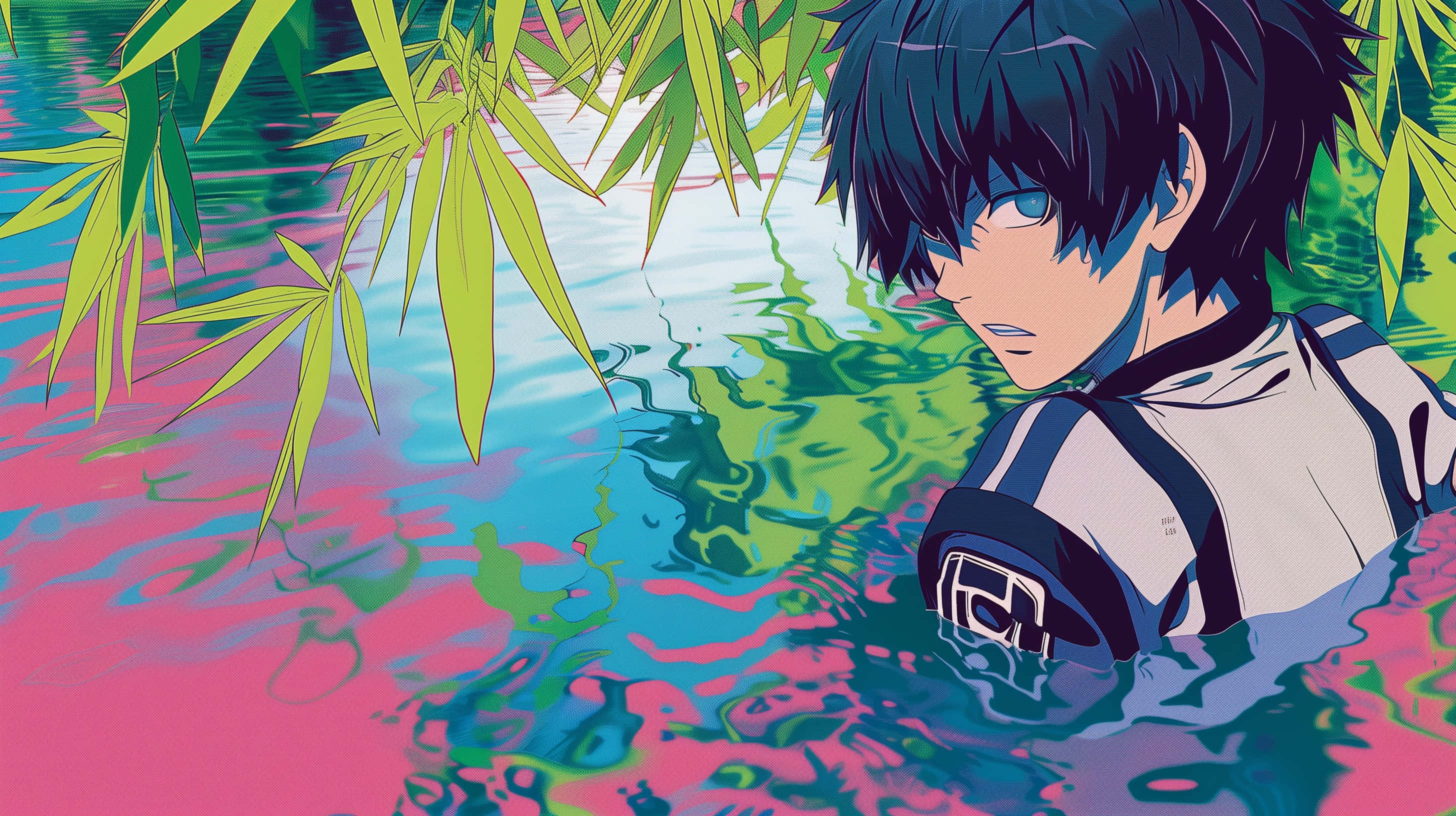 Isagi Yoichi, reflective waterside, vividly colored water, 2K Desktop Wallpaper