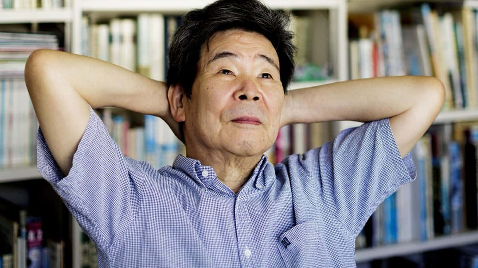 Isao Takahata, blue checkered shirt, bookshelf, HD Desktop Wallpaper