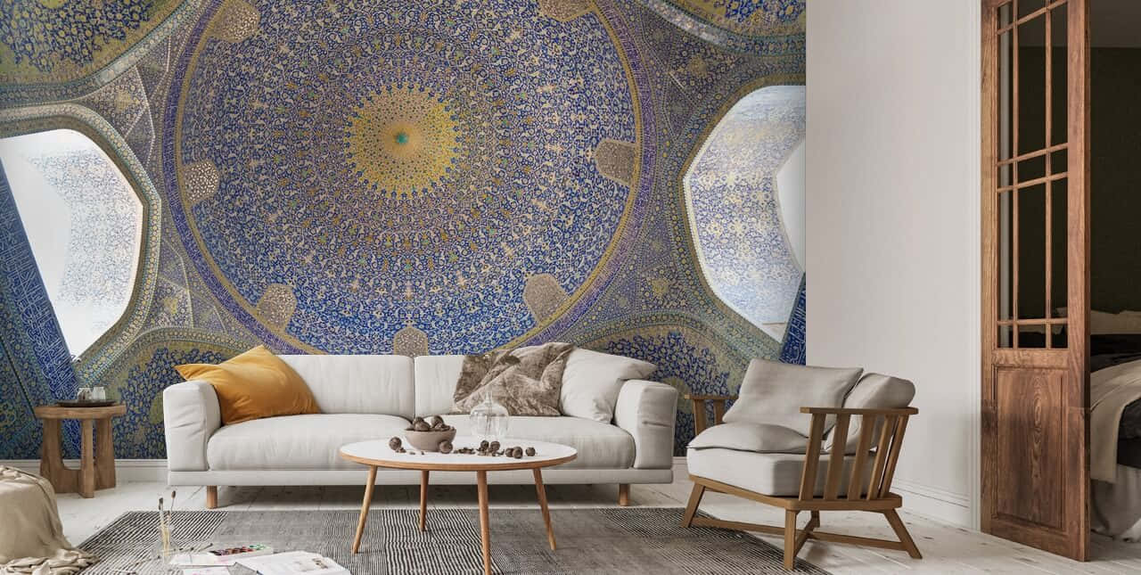 Isfahan, blue and gold Islamic mosaic dome wallpaper, modern living room, HD Desktop Wallpaper
