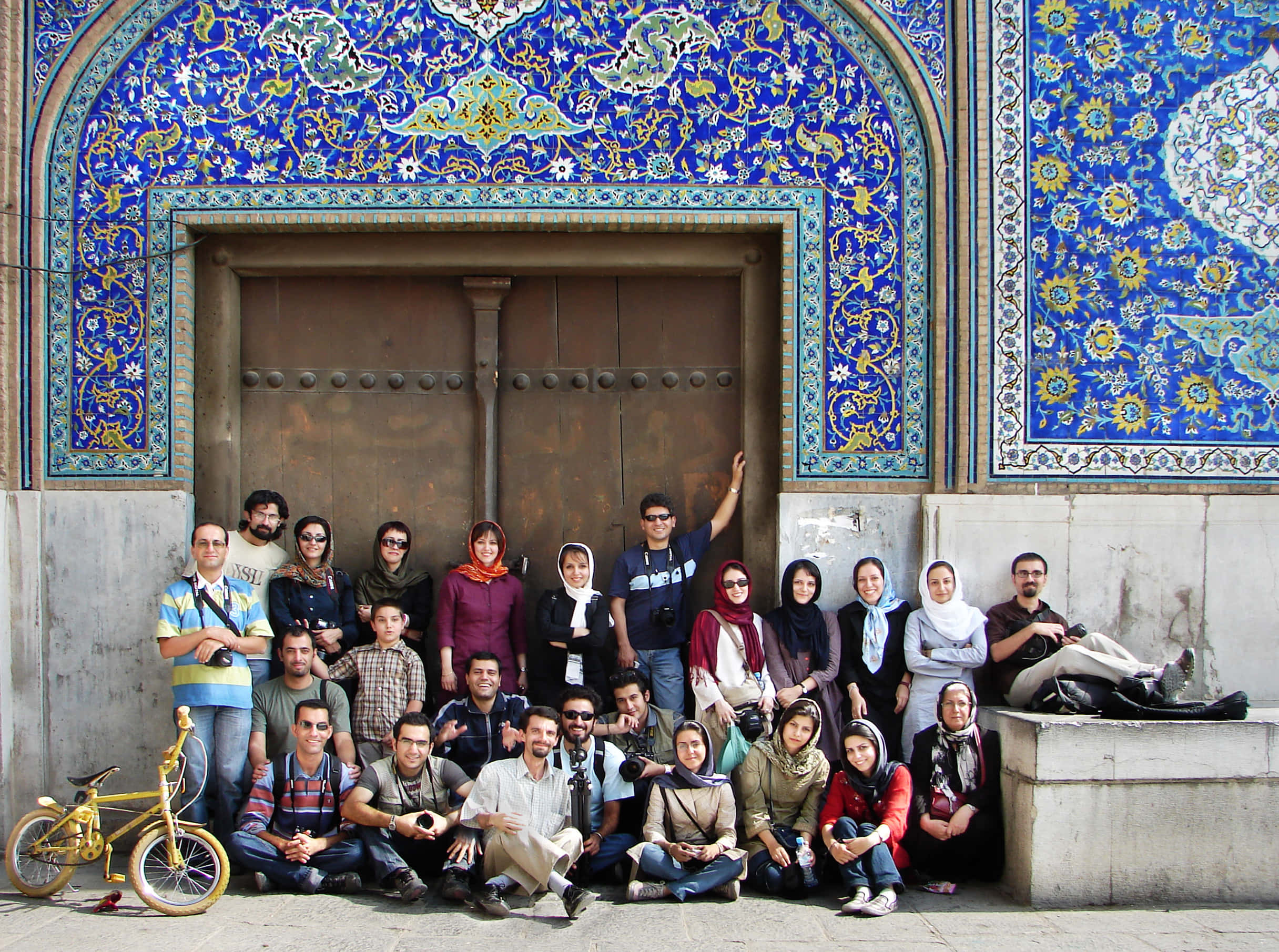 Isfahan, blue and gold tiled Islamic archway, large wooden door, Full HD Desktop Wallpaper