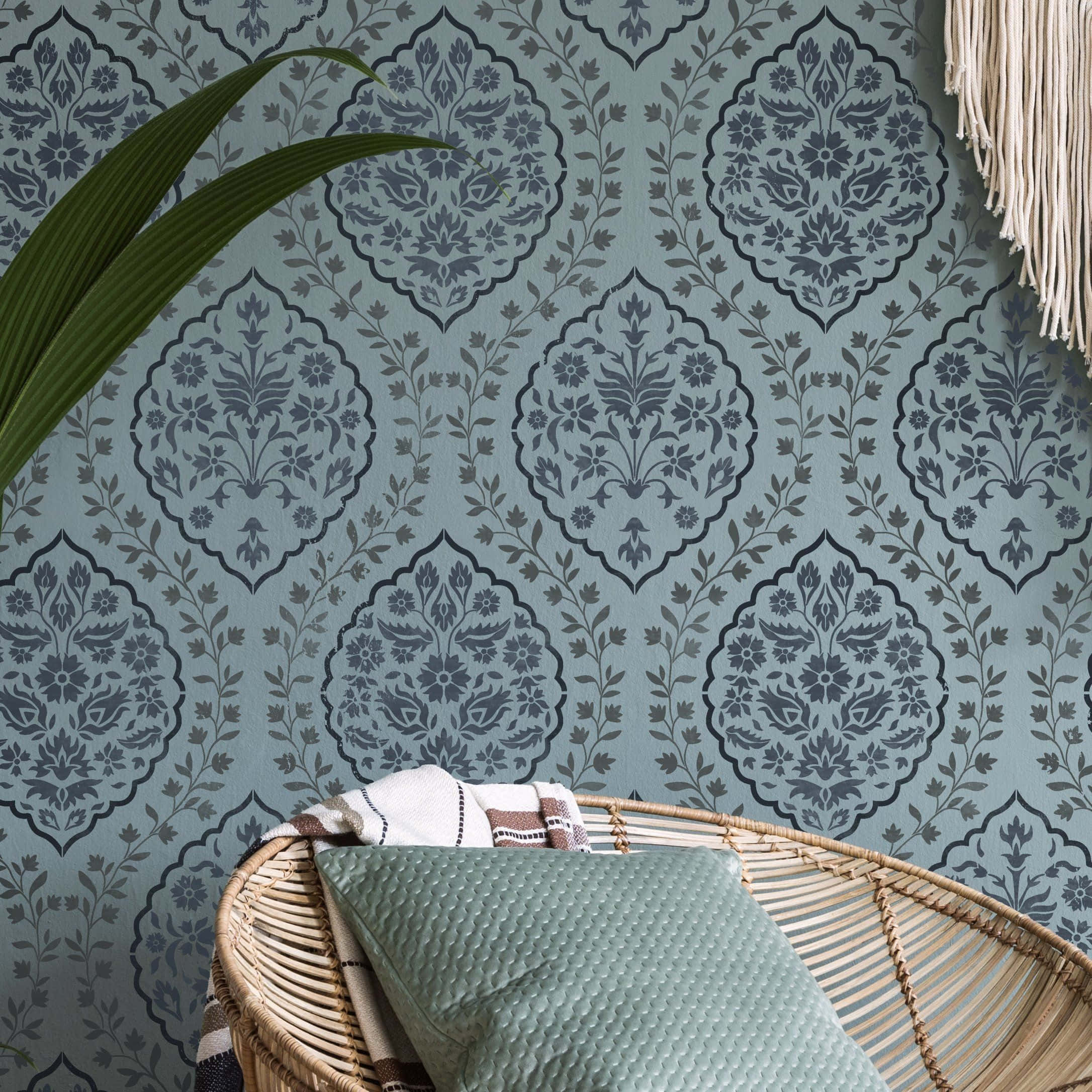 Isfahan, blue and gray floral damask wallpaper, rattan chair, Full HD Desktop Wallpaper