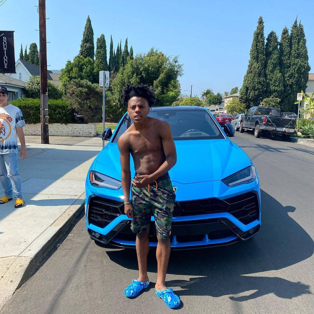 Ishowspeed, blue Lamborghini Urus, camouflage shorts, SD Desktop Wallpaper