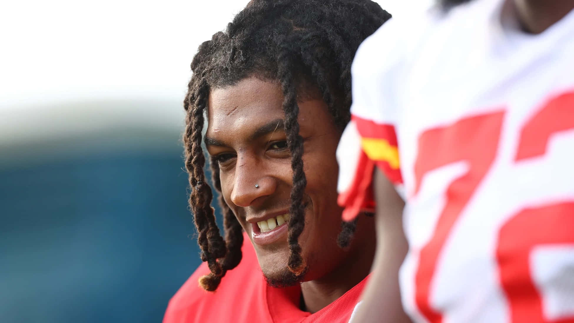 Isiah Pacheco, red jersey, braided hair, Full HD Desktop Wallpaper