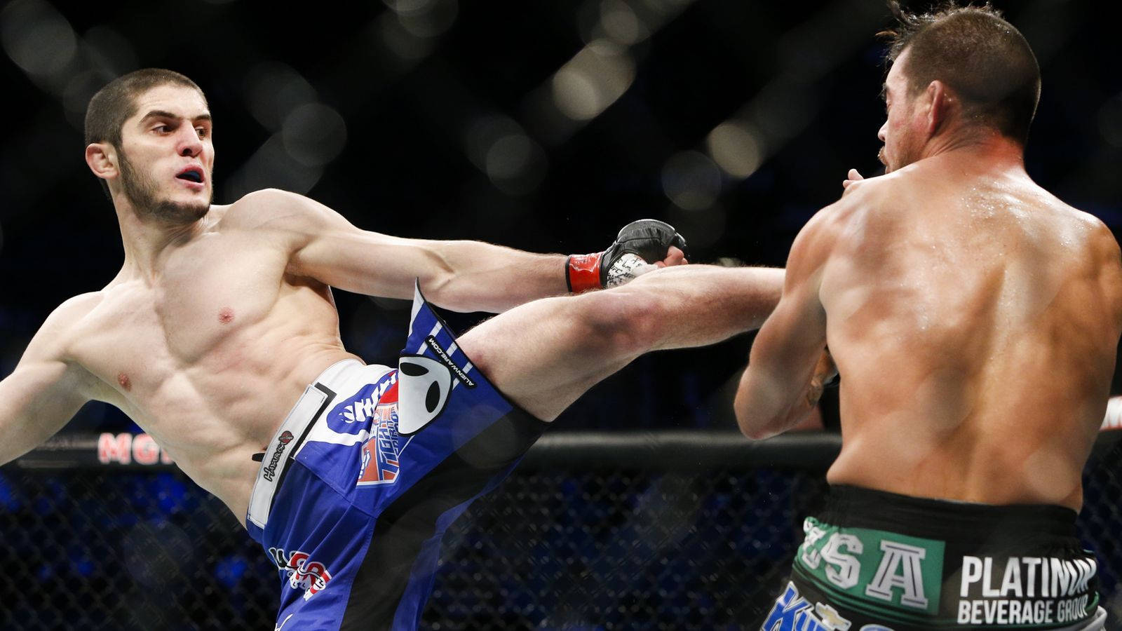 Islam Makhachev, blue shorts, MMA cage, HD Desktop Wallpaper