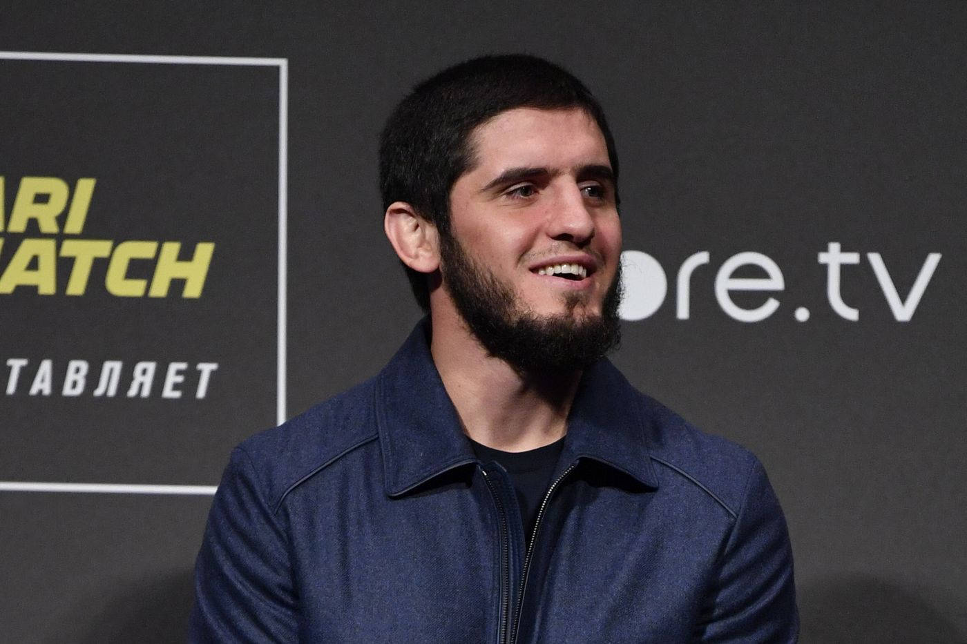 Islam Makhachev, dark blue jacket, branded backdrop, HD Desktop Wallpaper