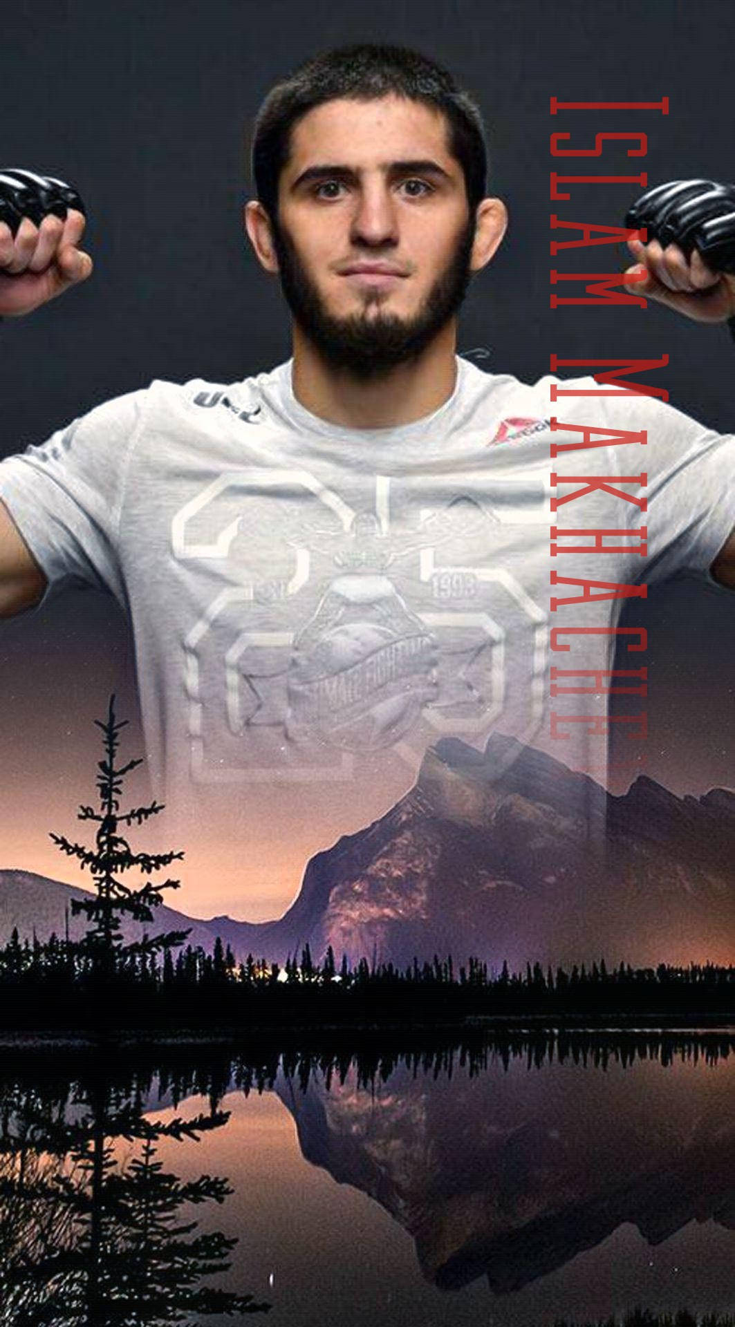 Islam Makhachev, white shirt, twilight mountain lake, Full HD Phone Wallpaper