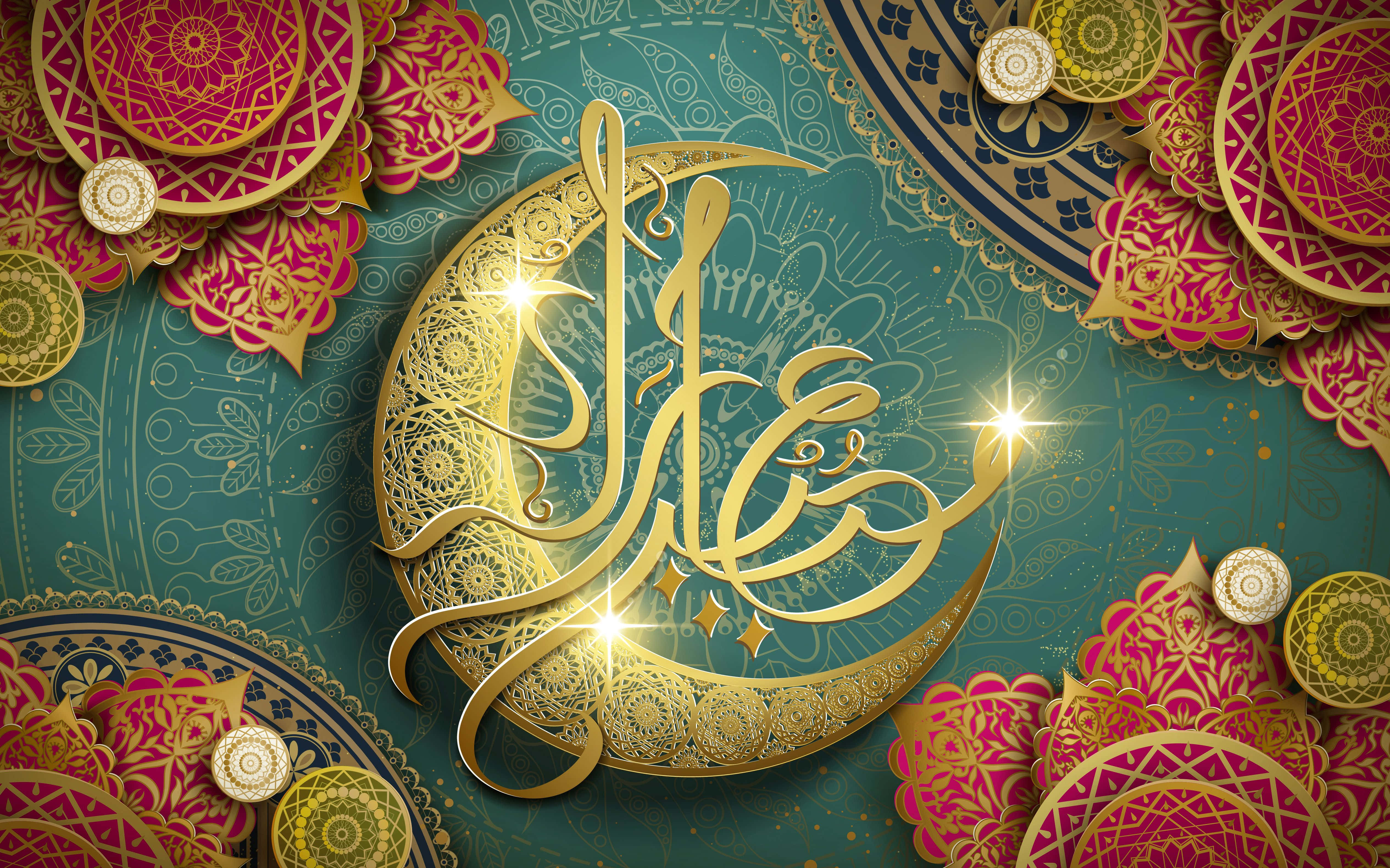 golden crescent moon, intricate Arabic calligraphy, teal background, 4K Desktop Wallpaper