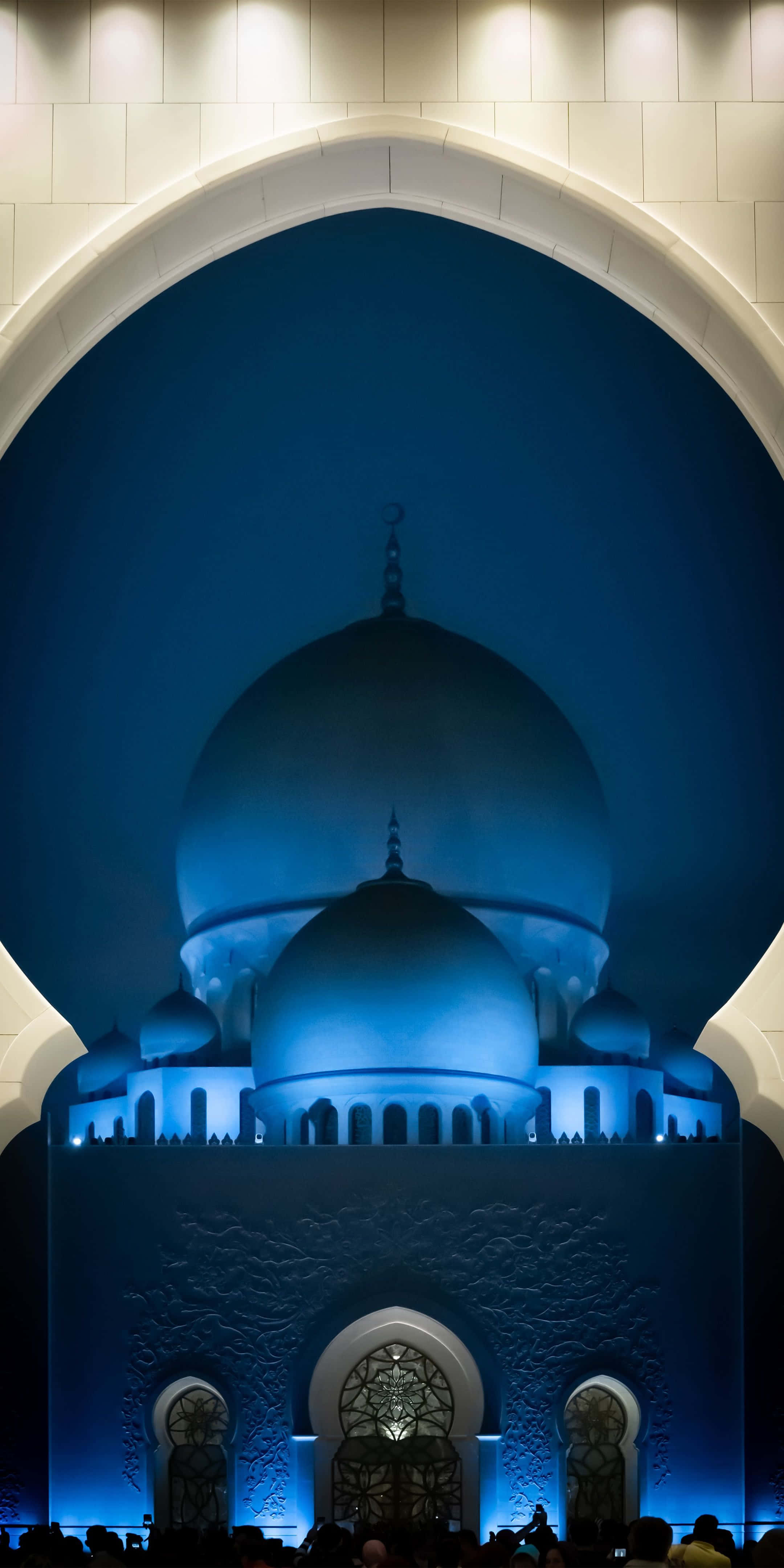 mosque dome, cool blue light, white archway, 4K Phone Wallpaper