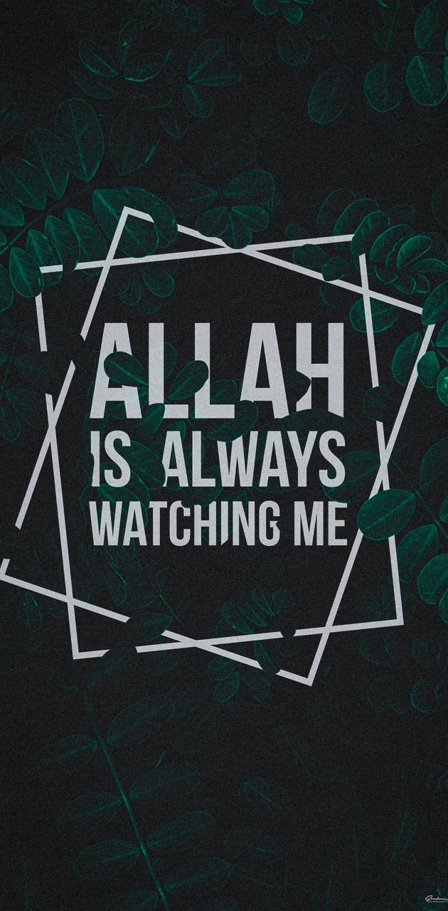 ALLAH IS ALWAYS WATCHING ME, geometric frame, dark green leafy background, HD Phone Wallpaper