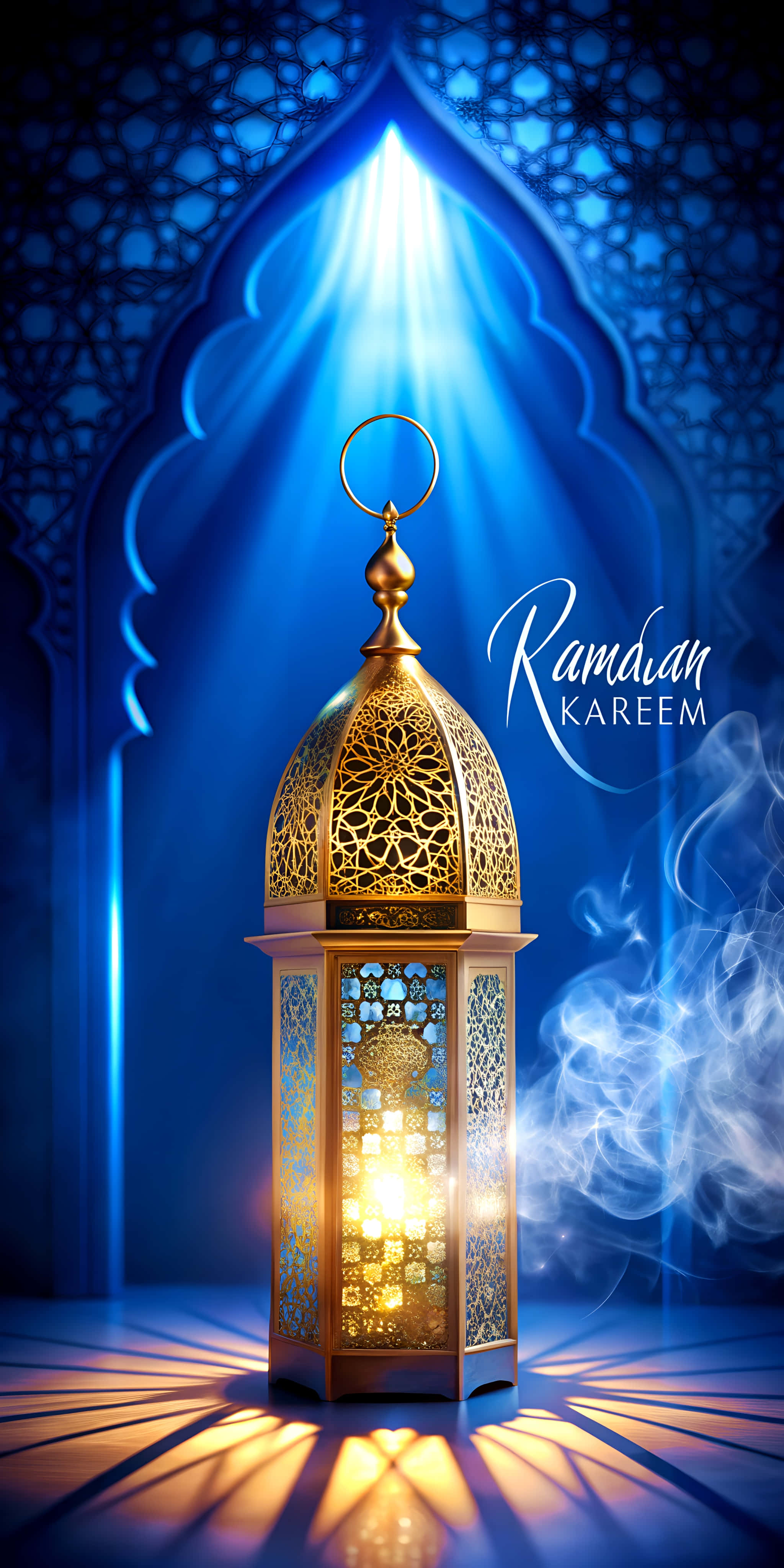 golden moroccan lantern, ramadan kareem text, blue and gold tones, 4K Phone Wallpaper