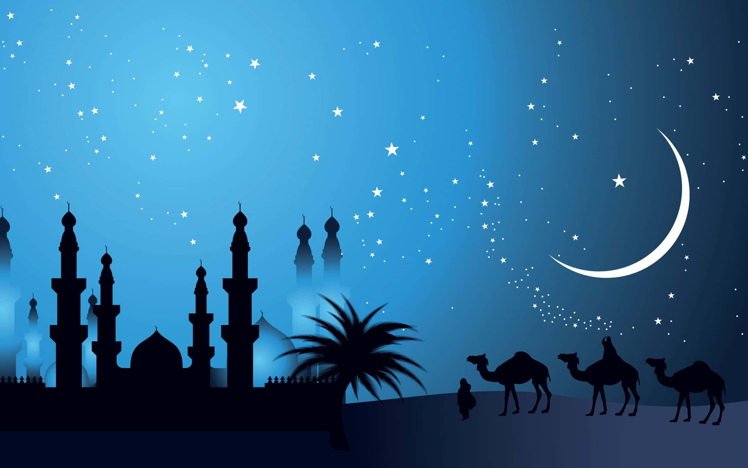 mosque, camels, palm tree, 2K Desktop Wallpaper