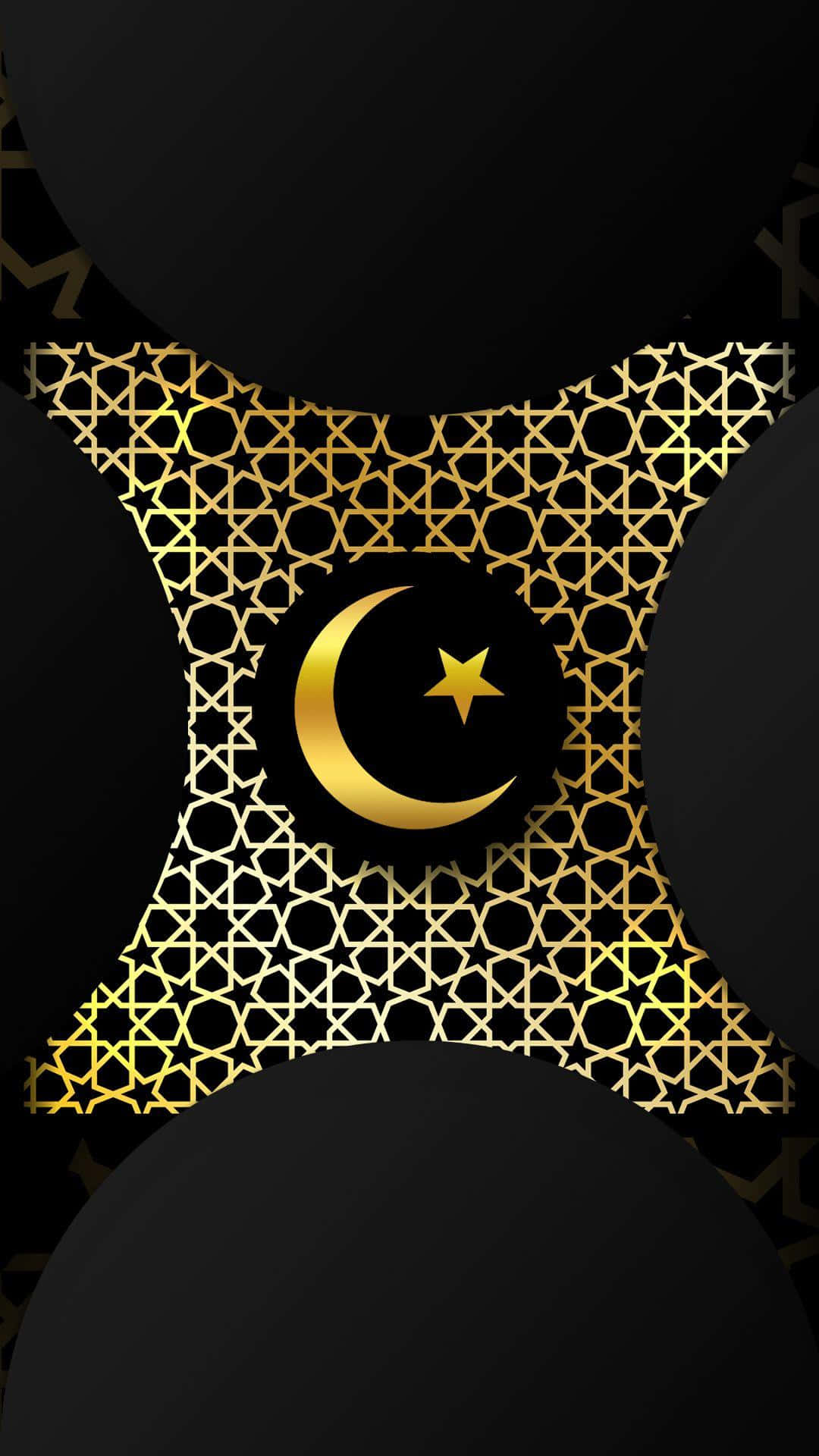 golden crescent moon and star emblem, intricate geometric lattice pattern, black background, Full HD Phone Wallpaper