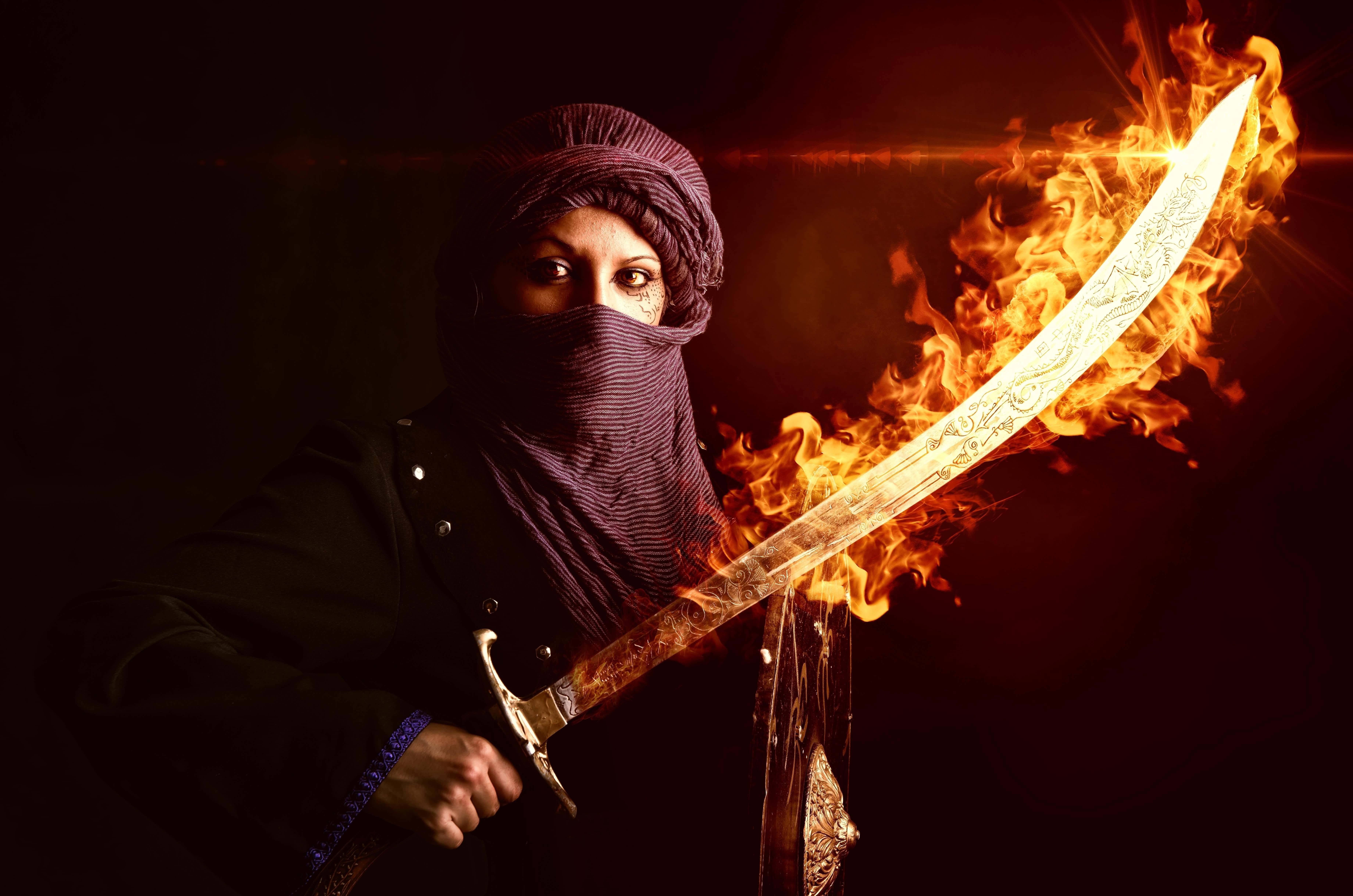 flaming sword, Islamic Warrior, purple turban, 5K Desktop Wallpaper