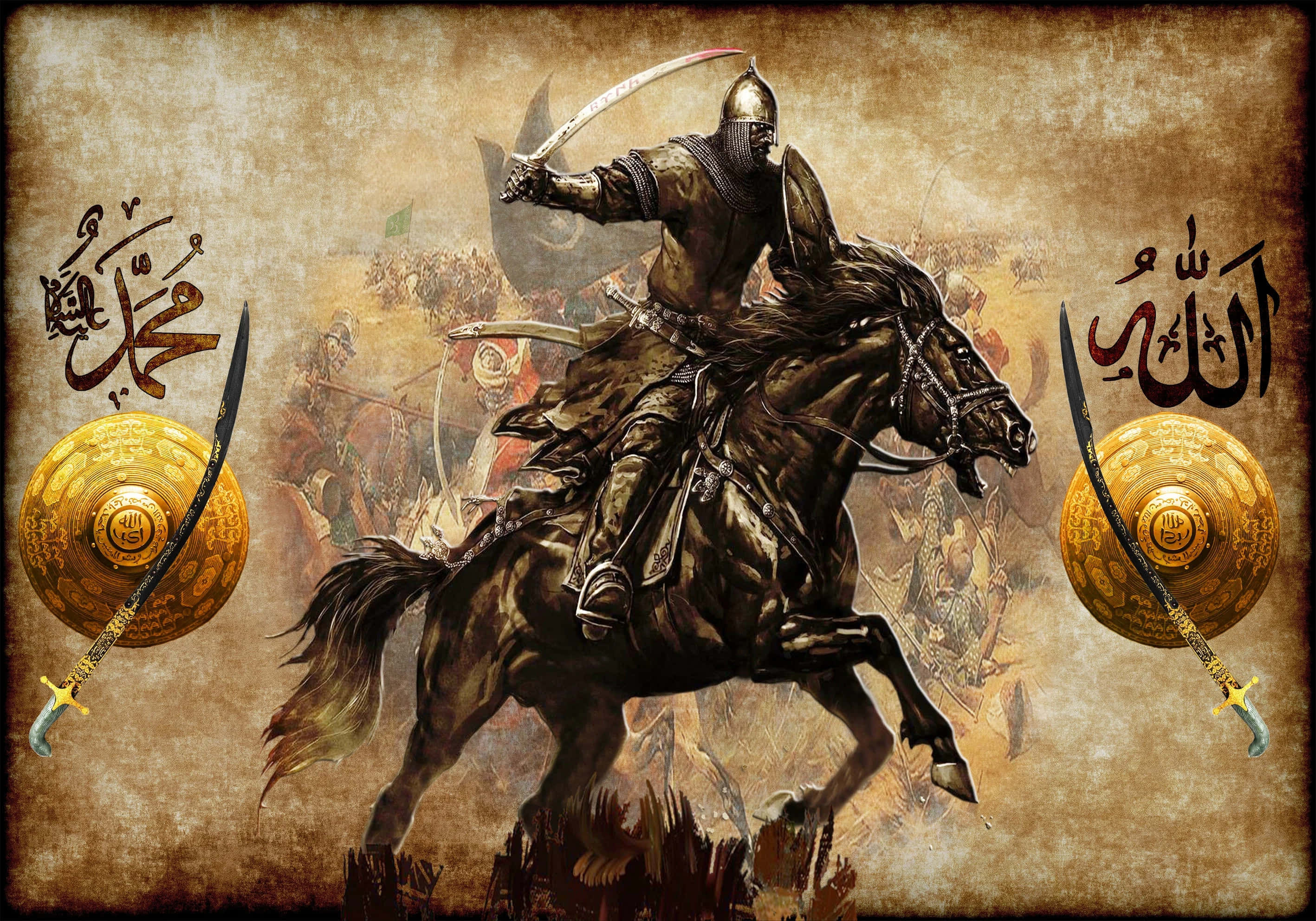 Islamic Warrior, medieval knight in full armor, rearing black horse, 2K Desktop Wallpaper