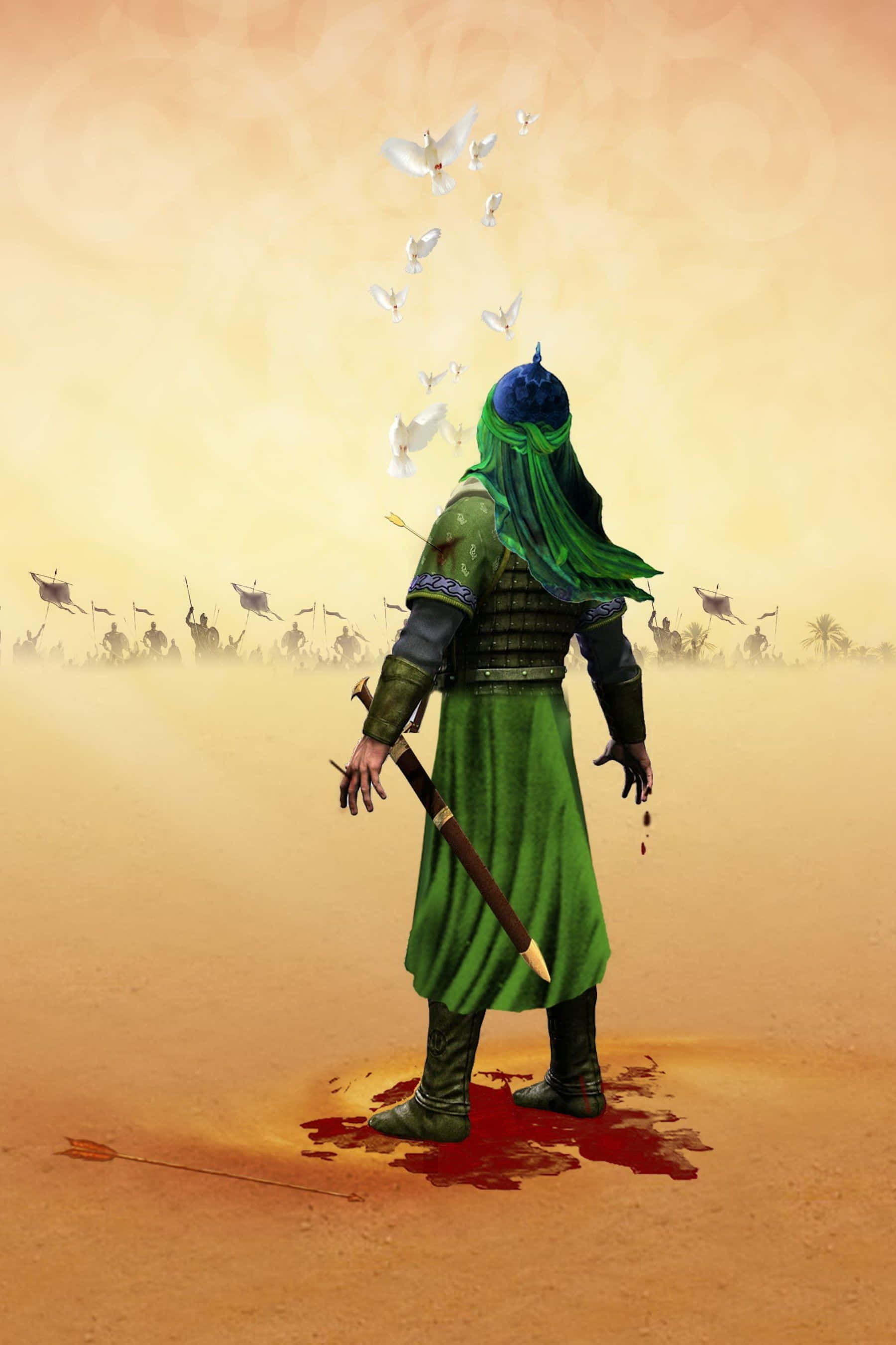 Islamic Warrior, green armor, desert battlefield, 2K Phone Wallpaper