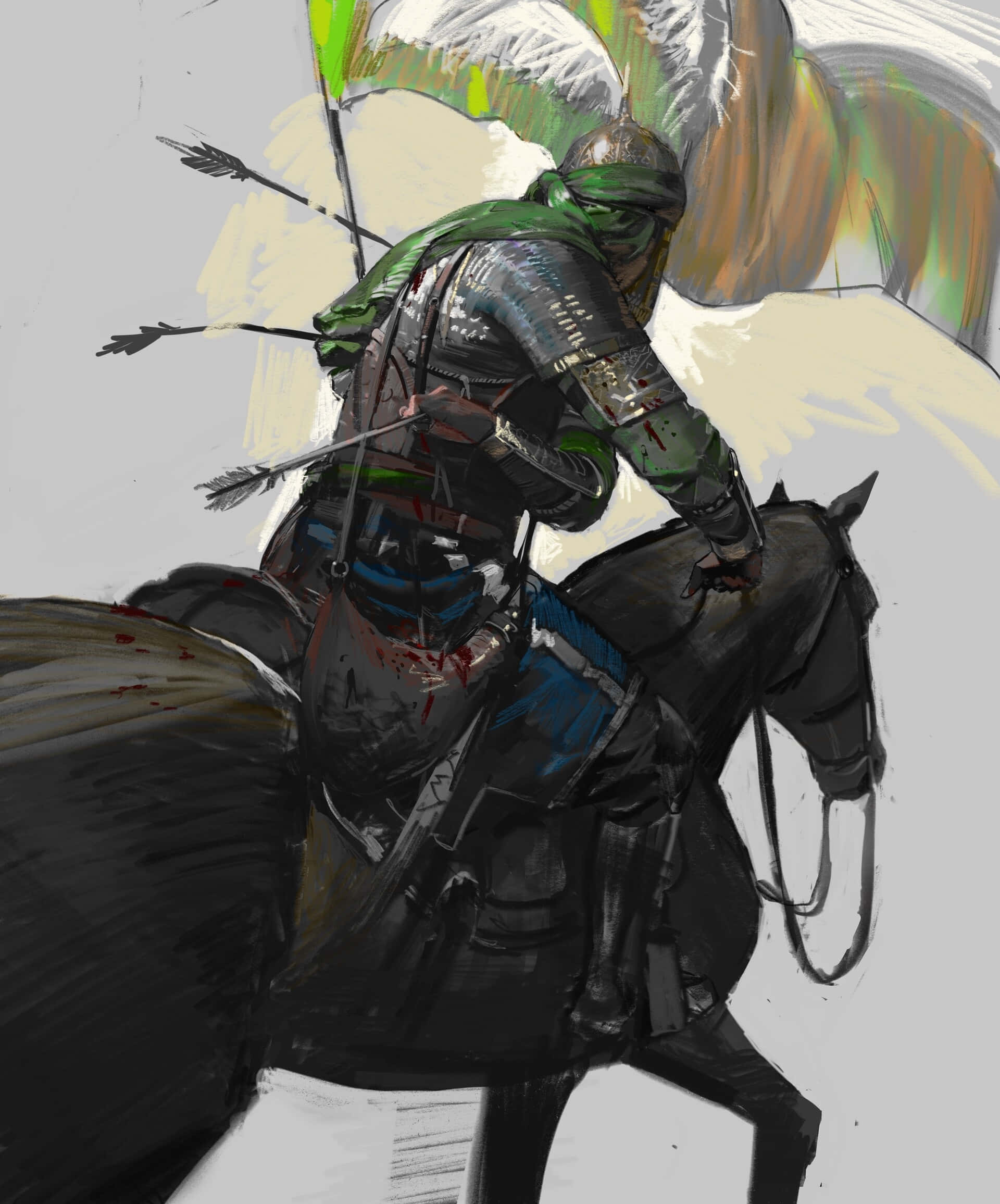 Islamic Warrior, green and silver armor, black horse, Full HD Phone Wallpaper