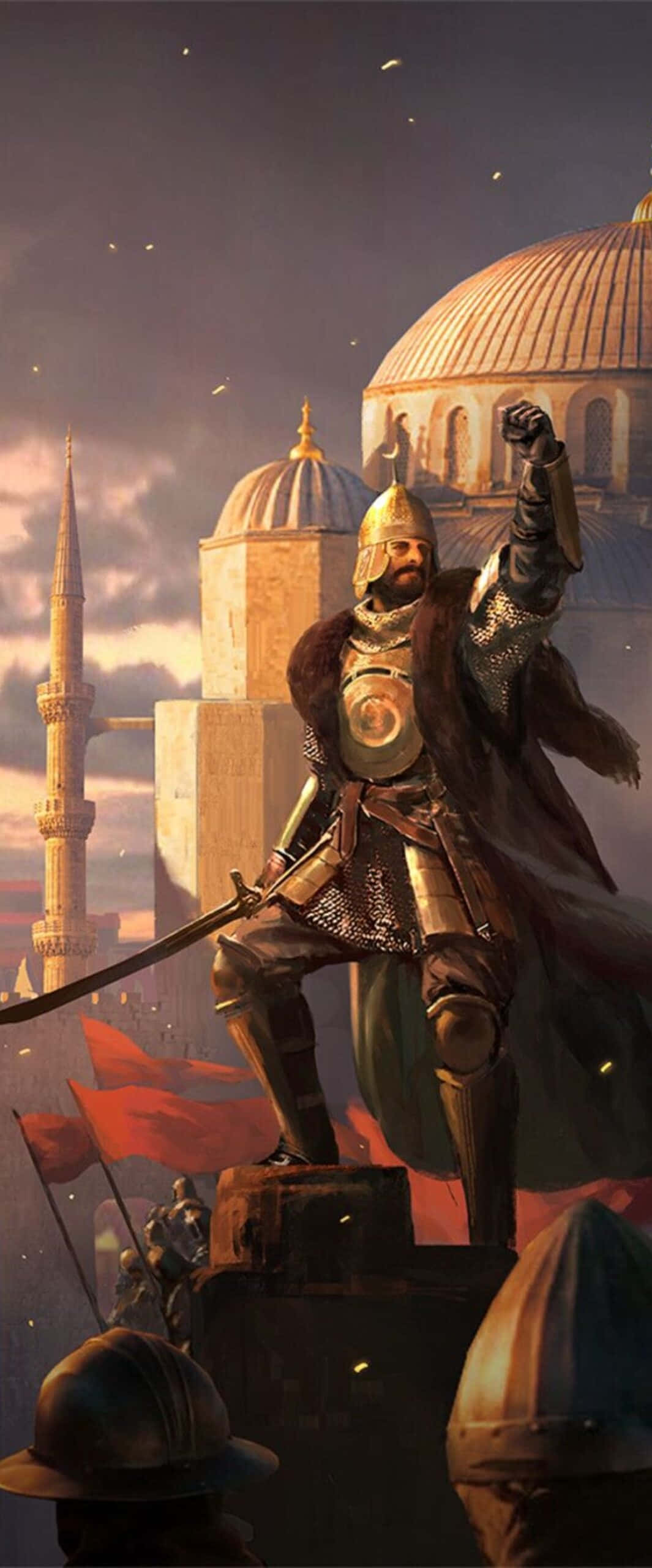 Islamic Warrior, golden armor, stone pedestal, 2K Phone Wallpaper