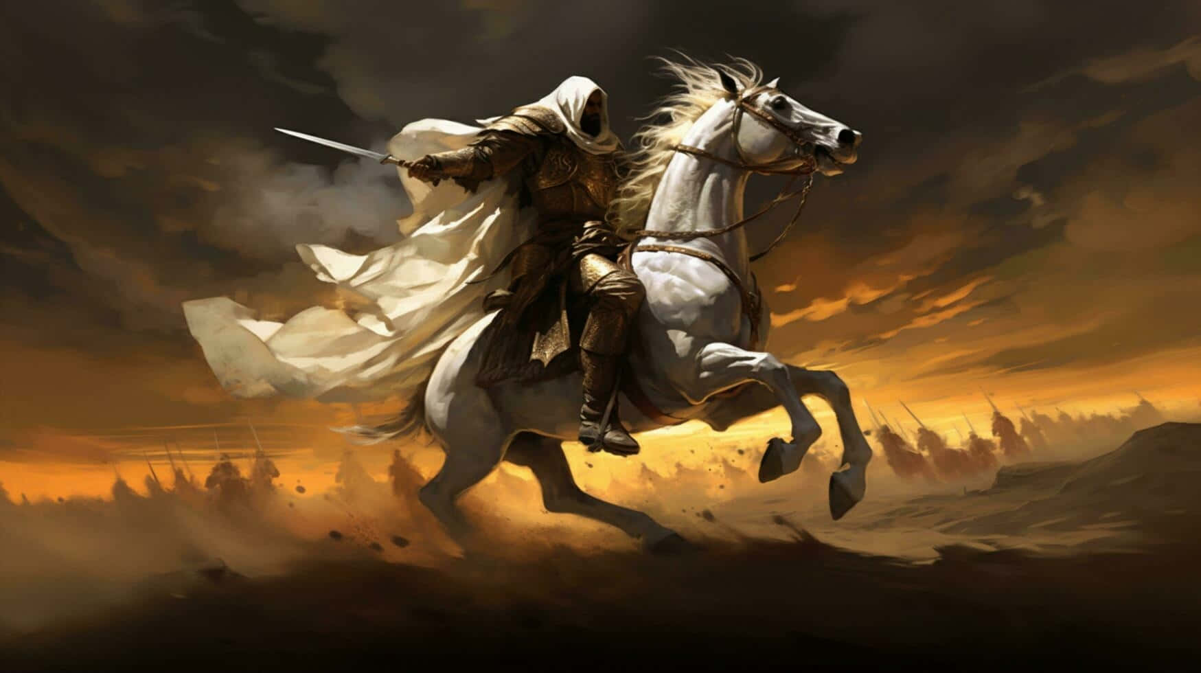 Islamic Warrior, hooded knight, galloping white horse, HD Desktop Wallpaper