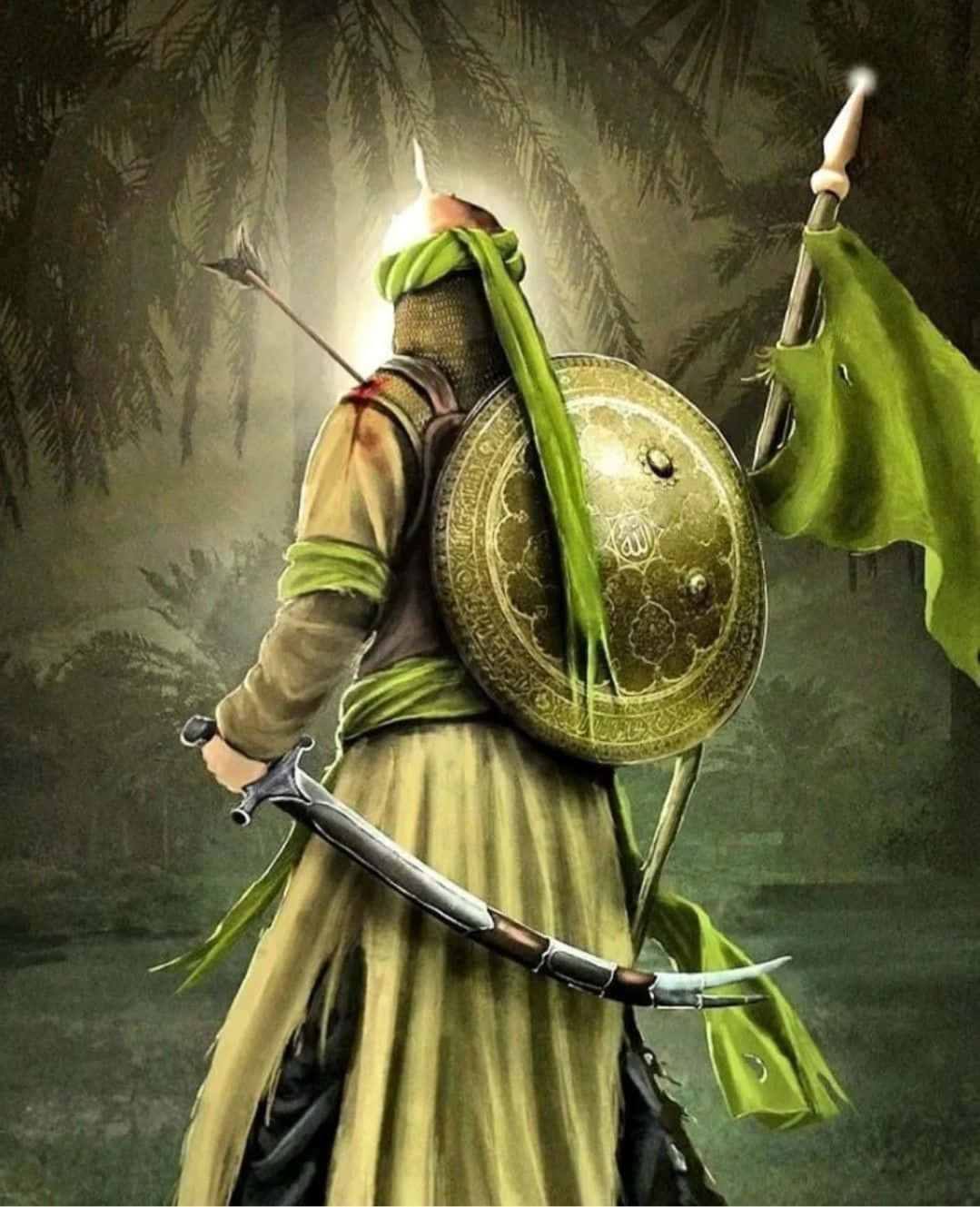 Islamic Warrior, green and gold armor, misty jungle, HD Phone Wallpaper
