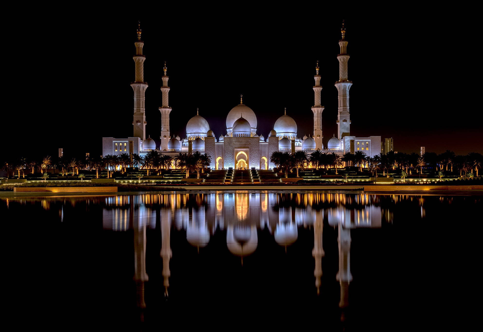 majestic mosque, illuminated mosque, calm pool of water, Full HD Desktop Wallpaper