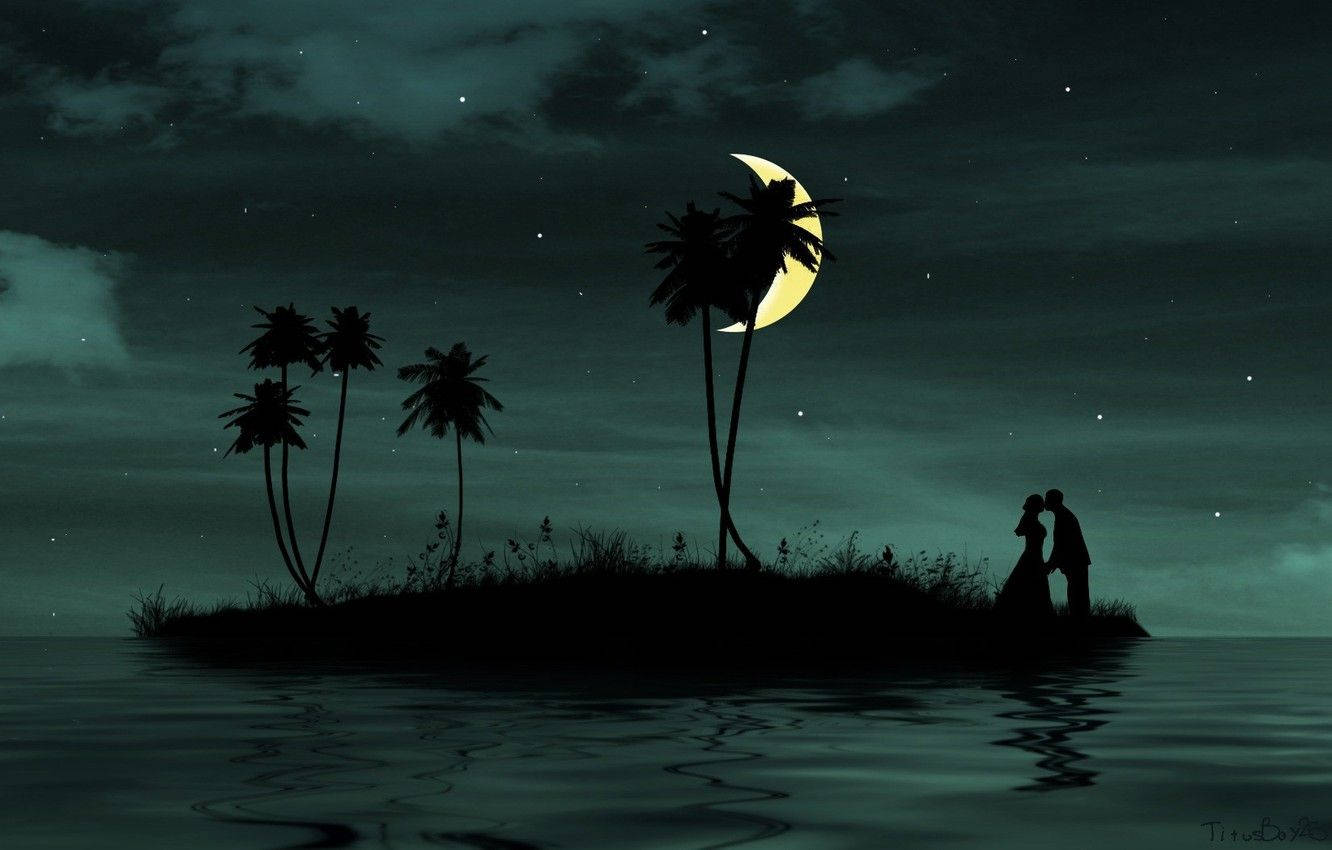 crescent moon, tropical island, calm water, HD Desktop Wallpaper