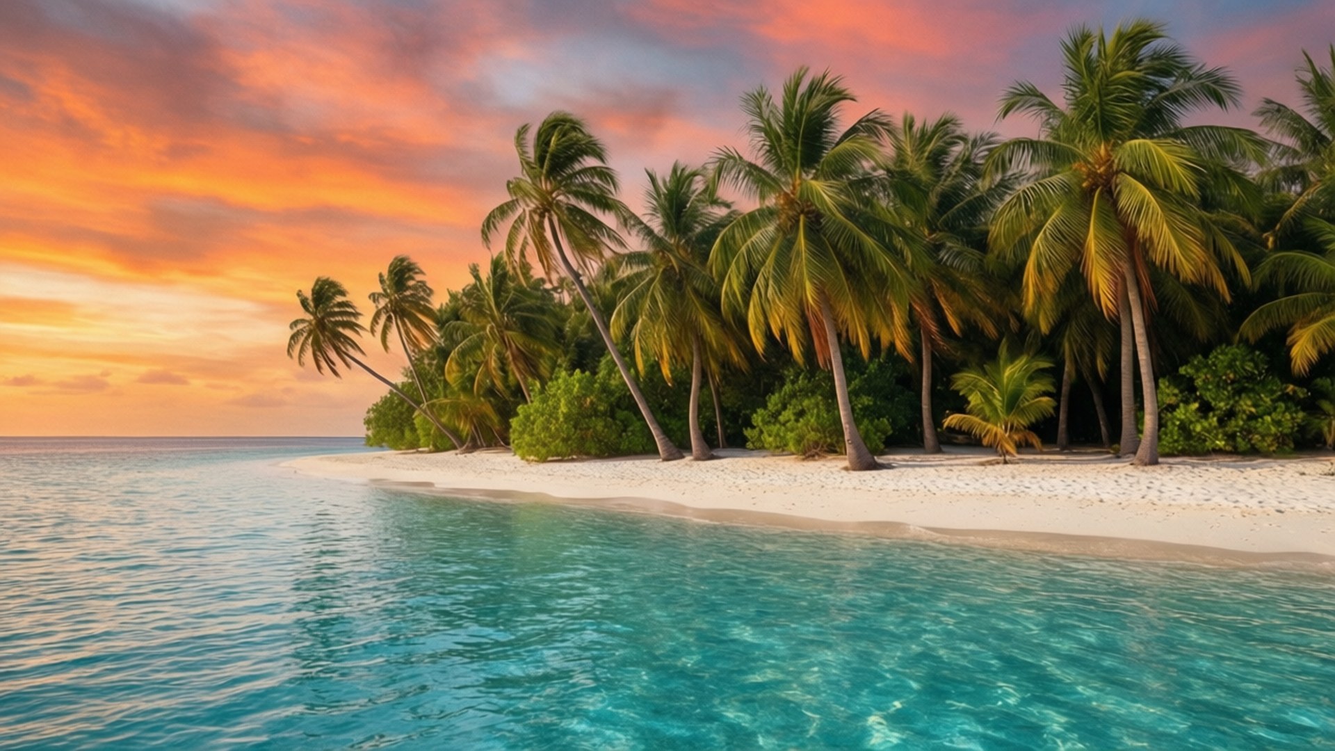 tropical island, sunset, palm trees, Full HD Desktop Wallpaper