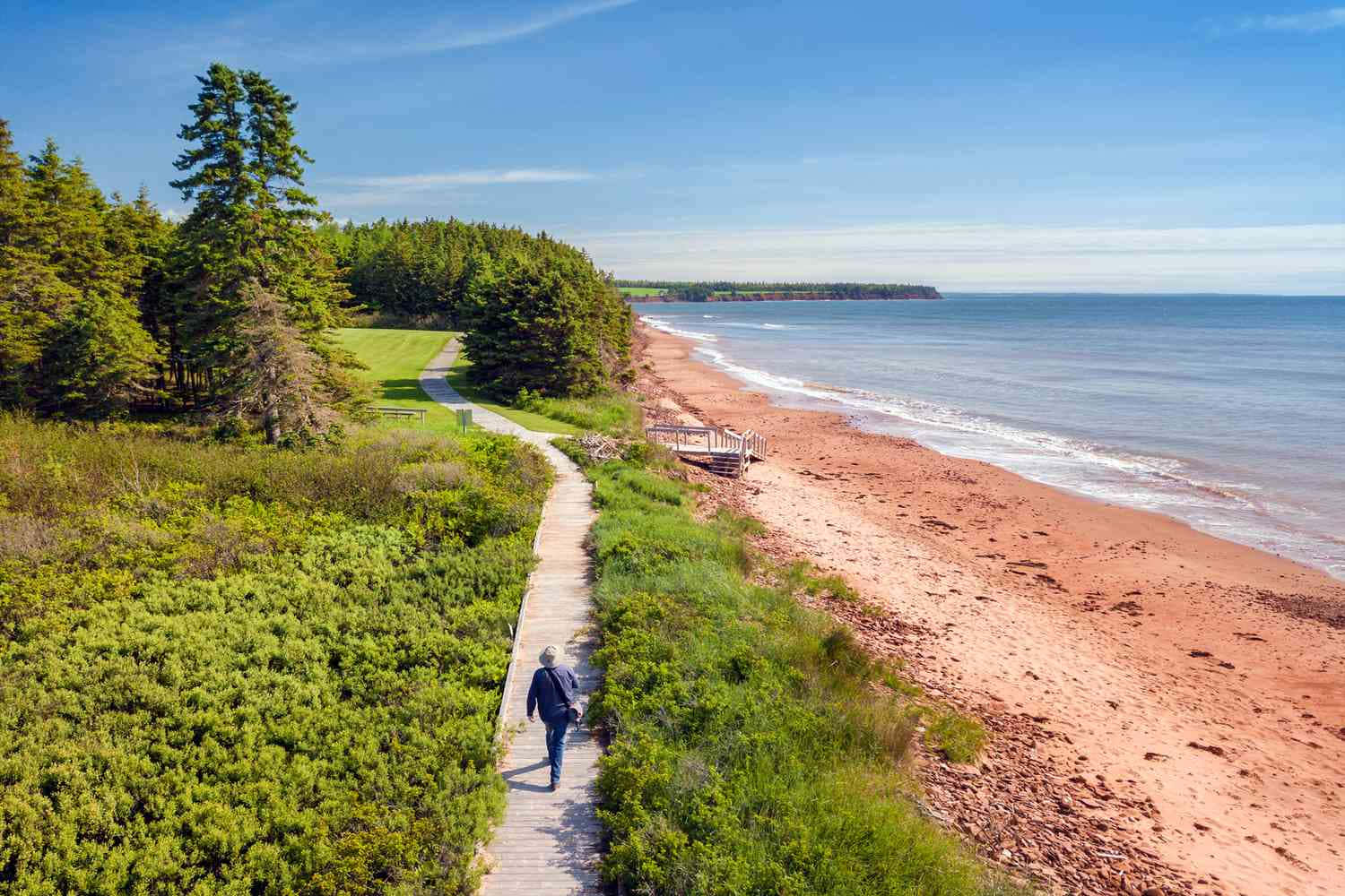 Islander Day, wooden boardwalk, vibrant red sand beach, HD Desktop Wallpaper
