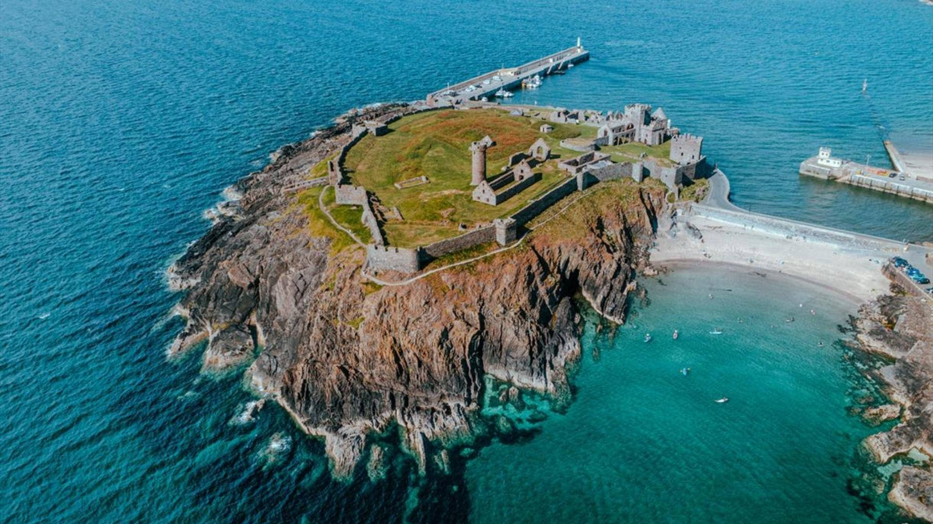 Isle Of Mann, aerial view, historic stone castle, Full HD Desktop Wallpaper