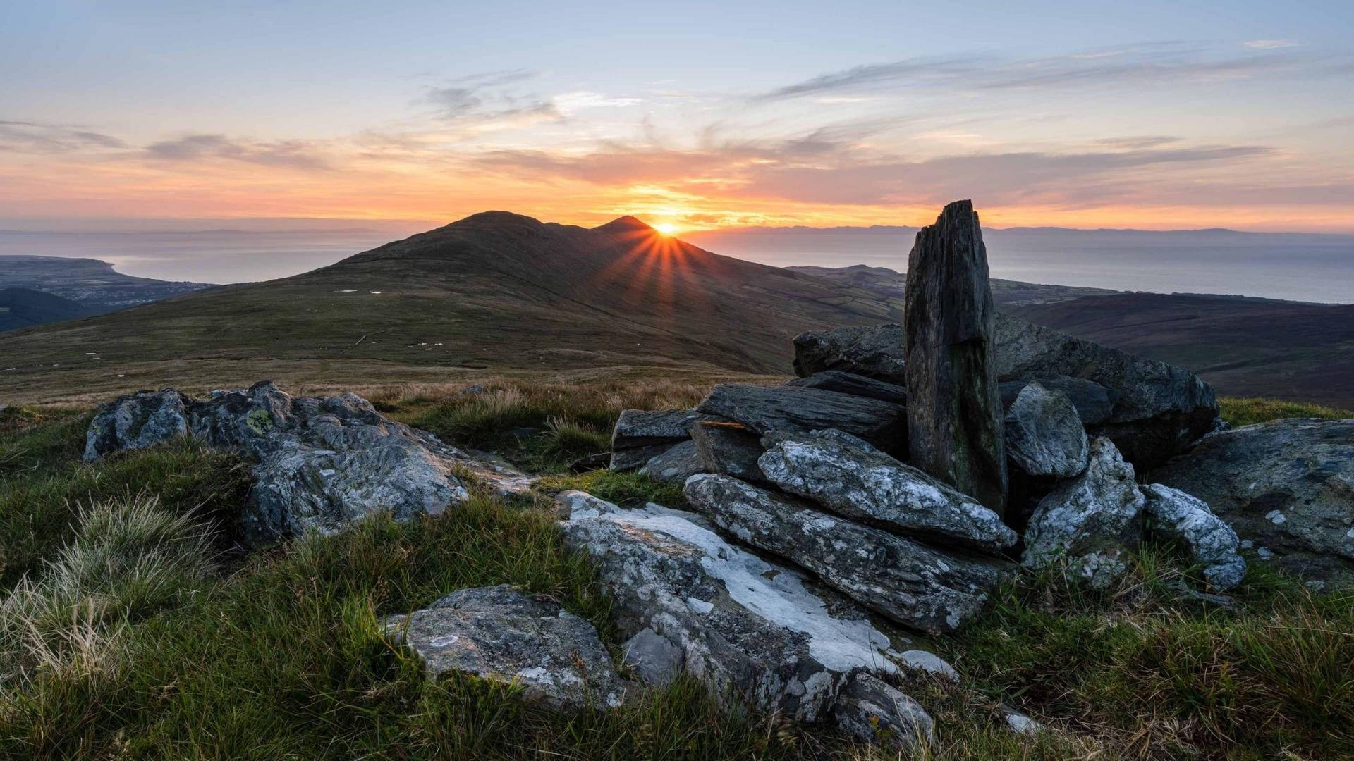 Isle Of Mann, Sunset, standing stone, Full HD Desktop Wallpaper
