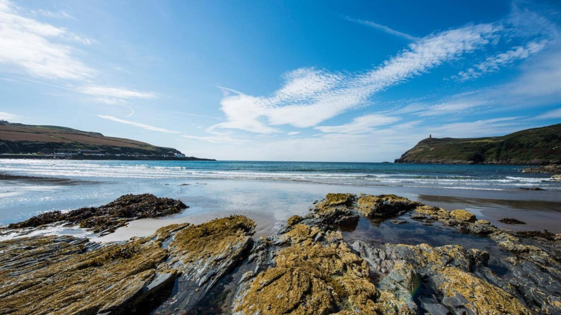 Isle Of Mann, rocky beach, turquoise waves, Full HD Desktop Wallpaper