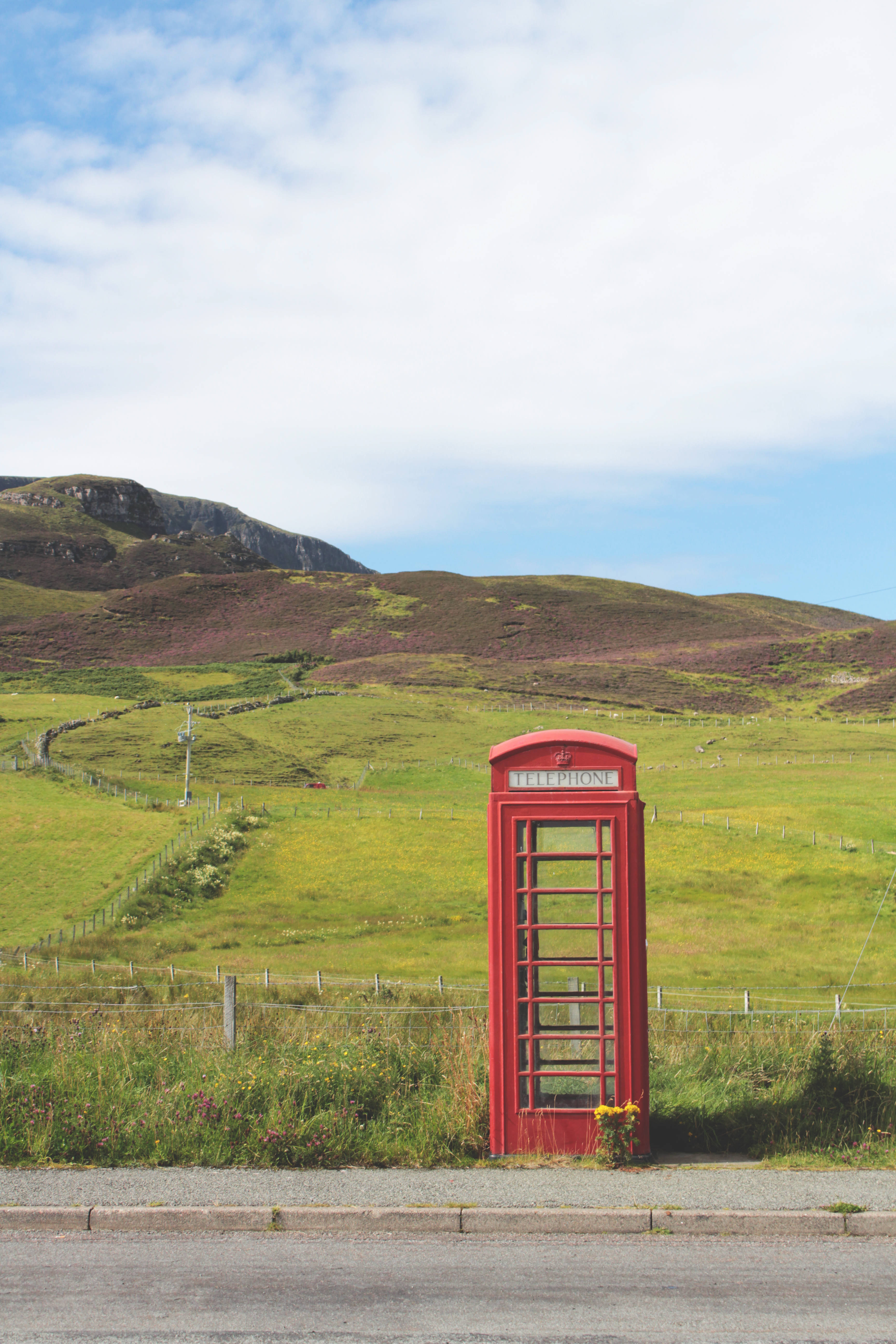 Isle Of Mann, red telephone box, roadside, 5K Phone Wallpaper