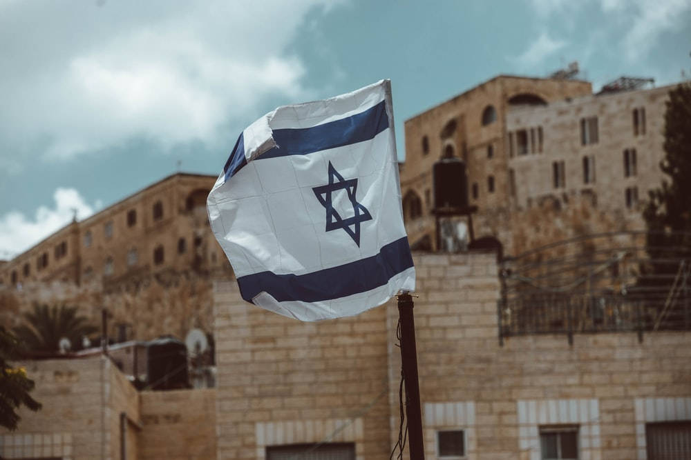 Israel Flag, rusty pipe, historic stone buildings, SD Desktop Wallpaper