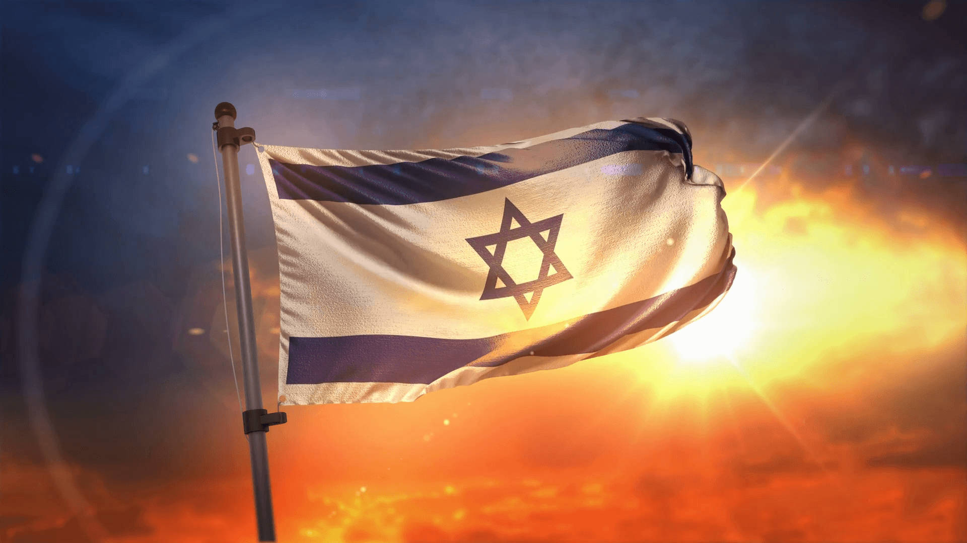 Israel Flag, sunlight, fiery sunset sky, Full HD Desktop Wallpaper